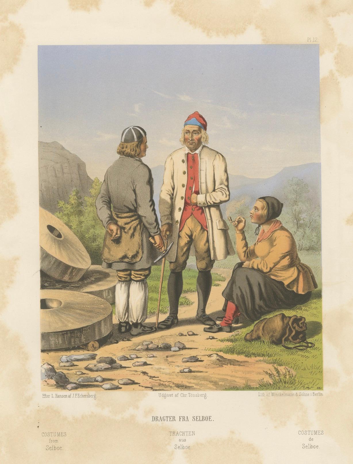 Paper Selbu Regional Dress – Norwegian Folk Attire with Stone Quarry Scene, c.1860 For Sale