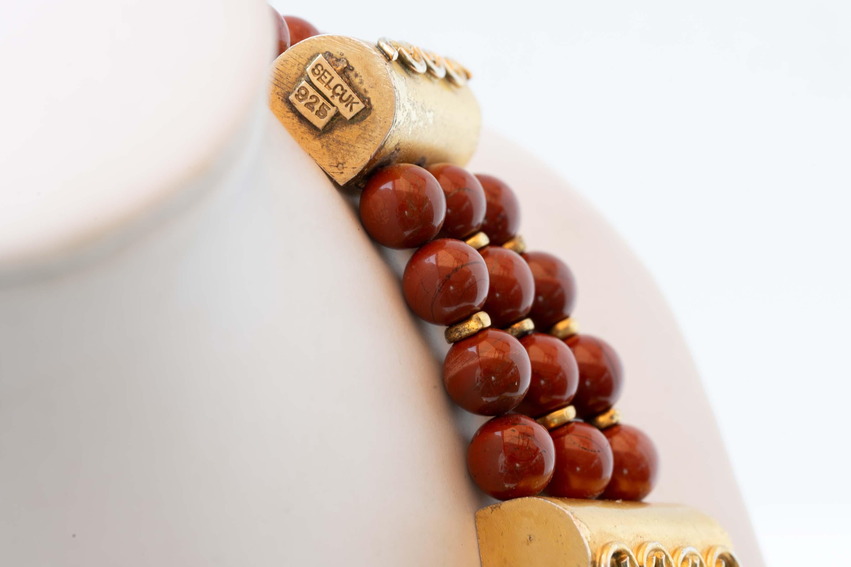 Selcuk Gold Plated Sterling & Triple Strand Carnelian Necklace In Good Condition In Montreal, QC