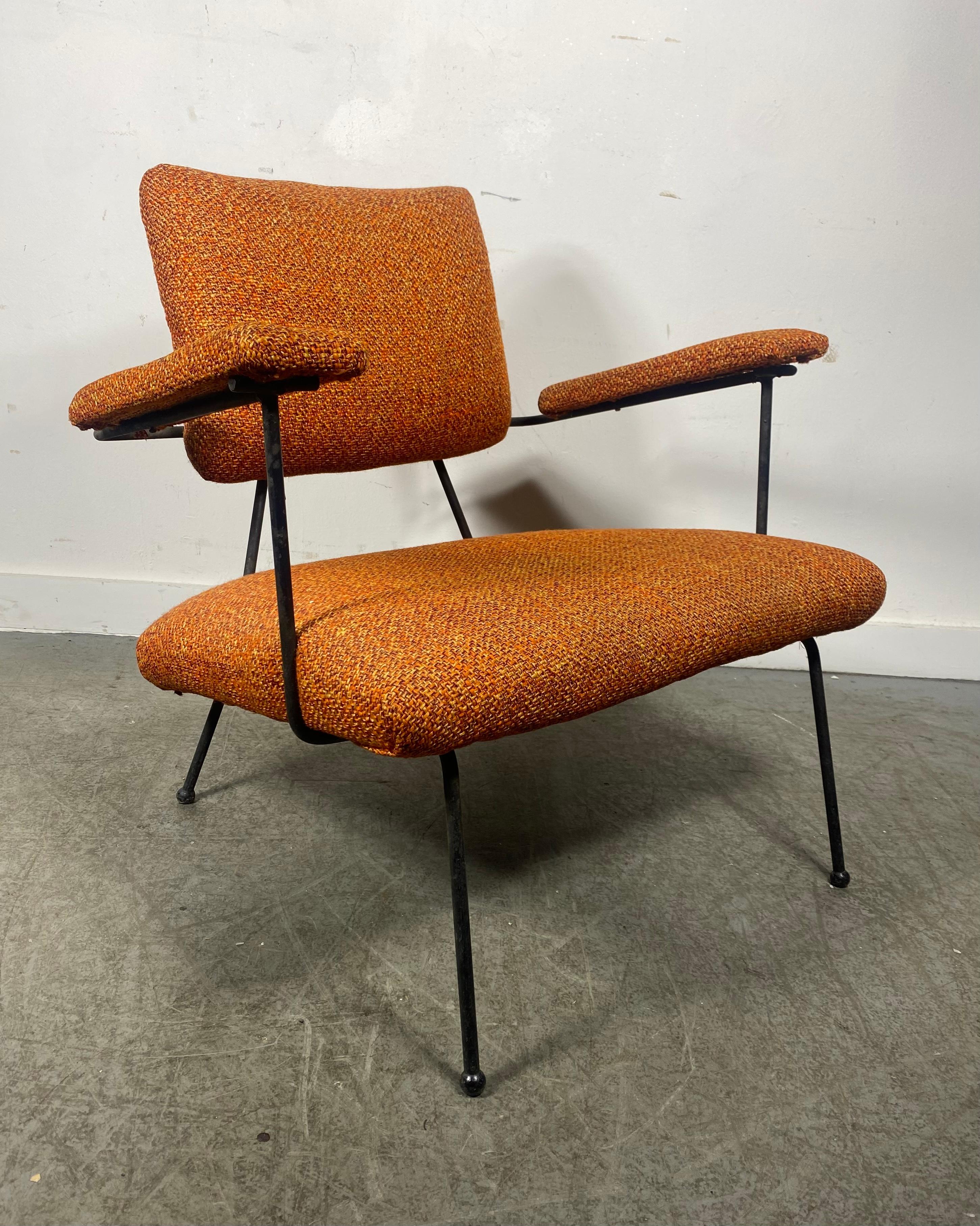 A stunning, rare , stylish and super comfortable Adrian Pearsall for Craft Associates iron frame armchair in original fabric...Signed with the Craft Associates tag.Hand delivery avail to New York City or anywhere en route from Buffalo