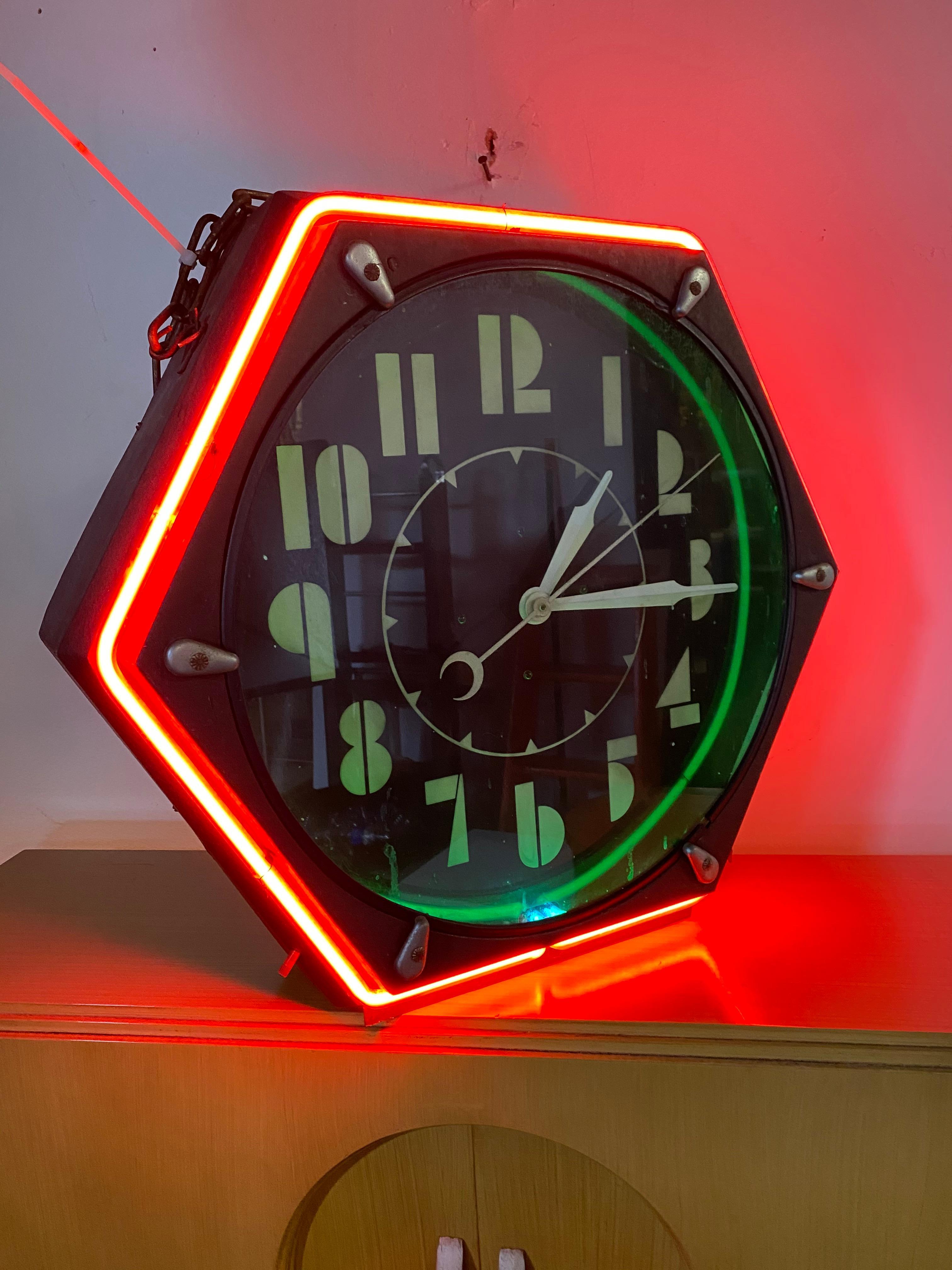 Mid-20th Century Seldom Seen Art Deco Neon Hexagon Clock, 'The Electric Clock Co. Cleveland
