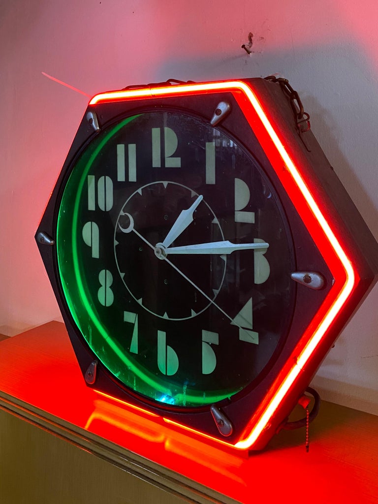 Seldom Seen Art Deco Neon Hexagon Clock, &lsquo;The Electric Clock Co