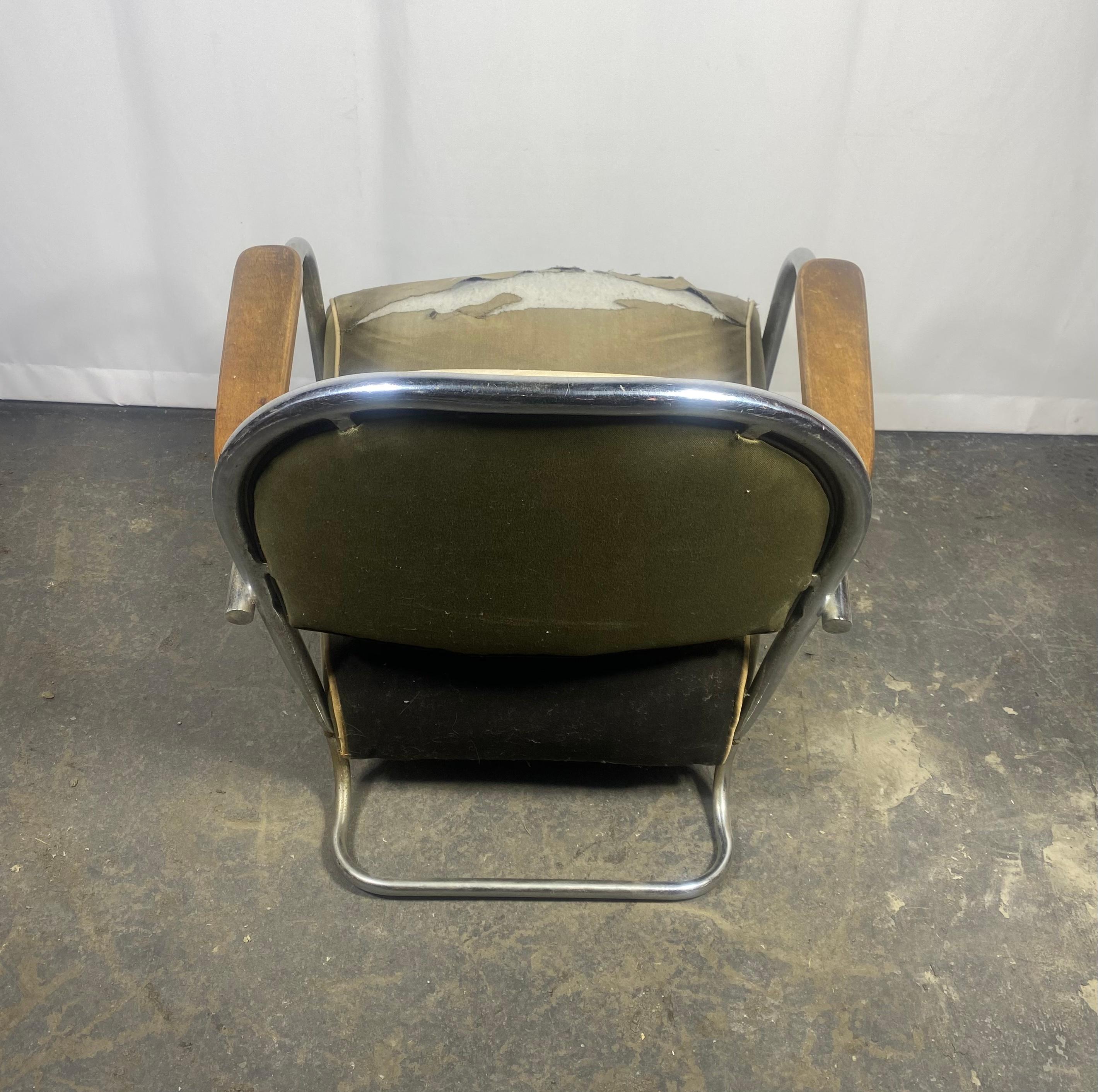 Seldom seen Kem Weber / Lloyds,  Chromed Steel Art Deco Lounge Chair c 1934  In Distressed Condition For Sale In Buffalo, NY