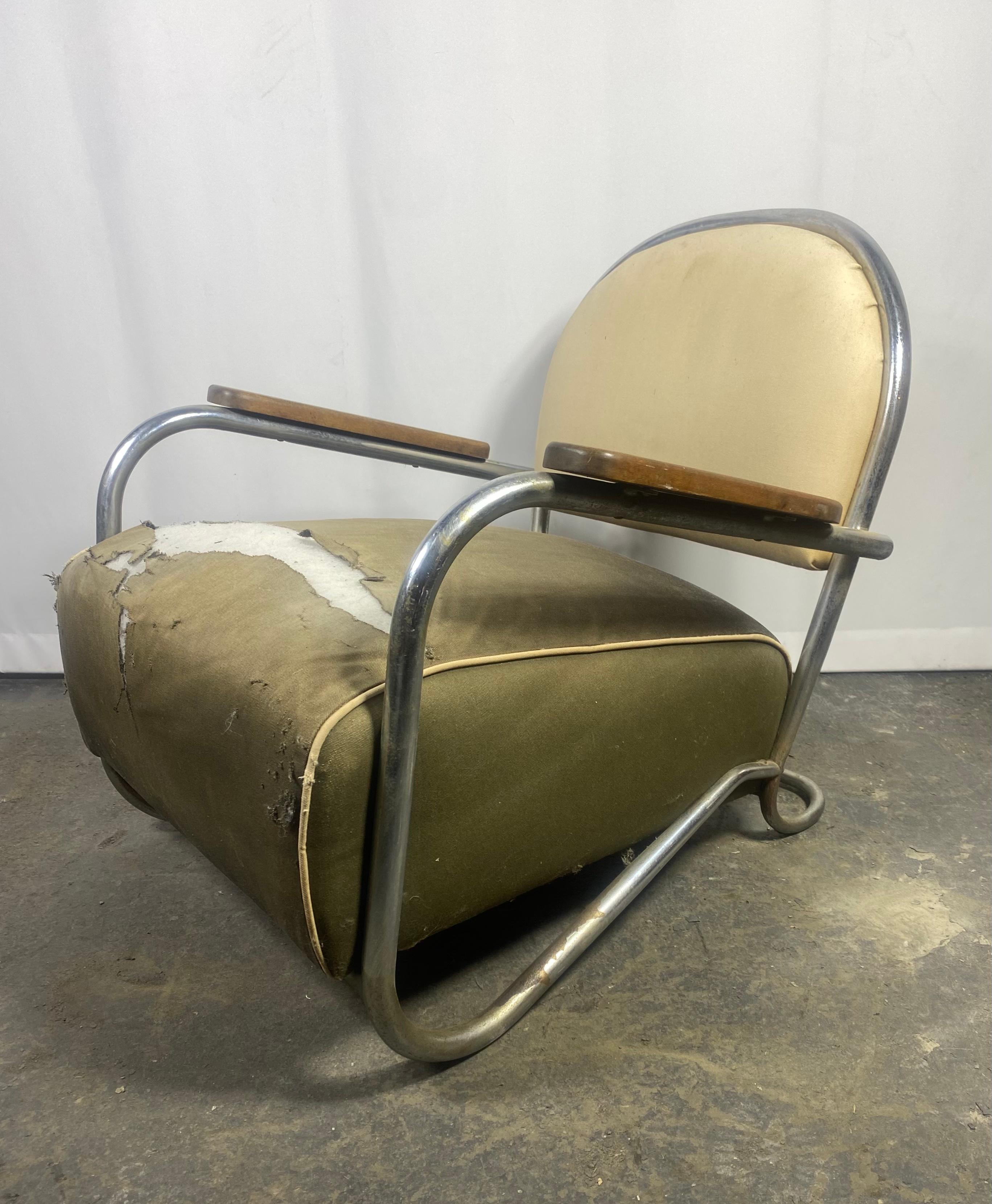 Fabric Seldom seen Kem Weber / Lloyds,  Chromed Steel Art Deco Lounge Chair c 1934  For Sale