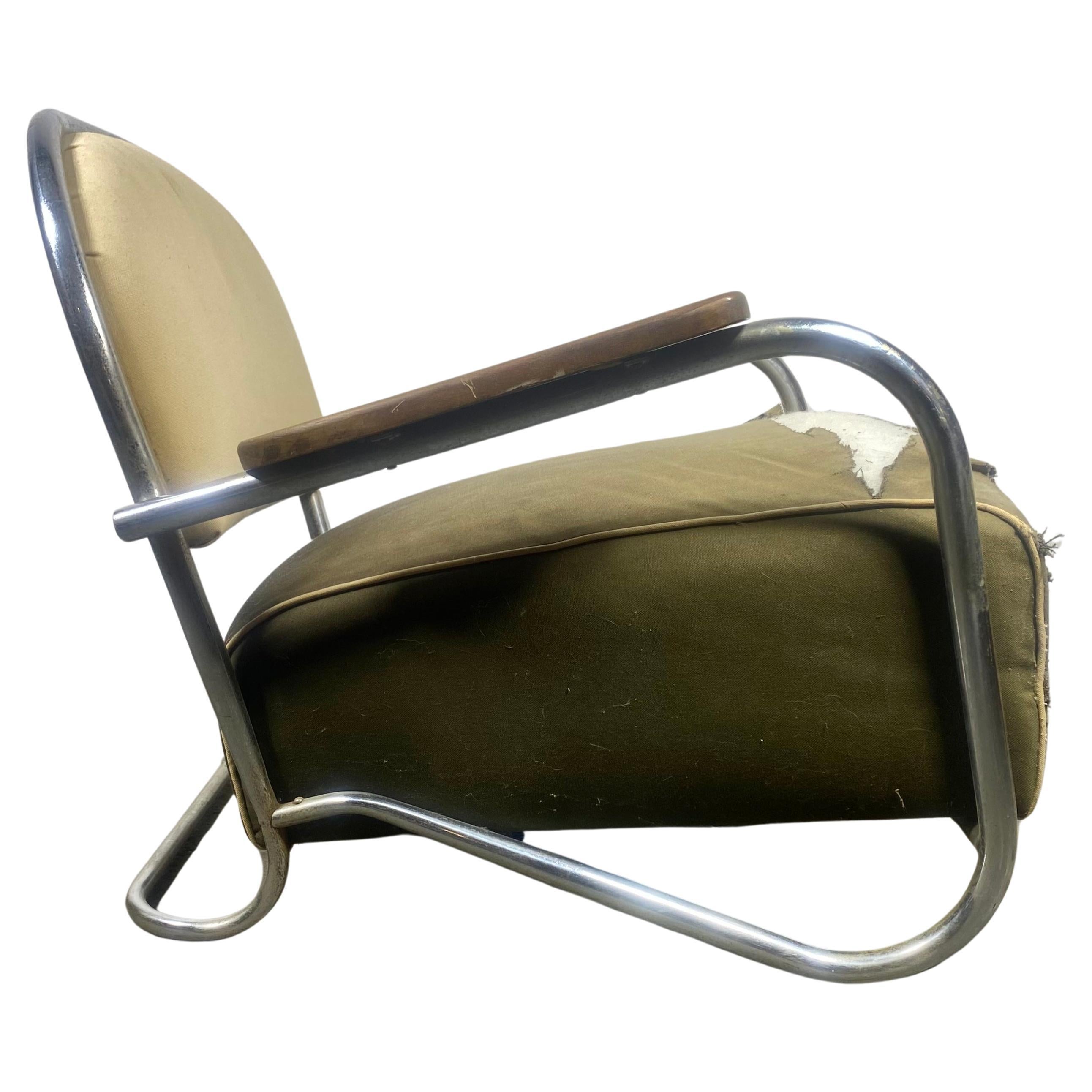 Seldom seen Kem Weber / Lloyds,  Chromed Steel Art Deco Lounge Chair c 1934  For Sale