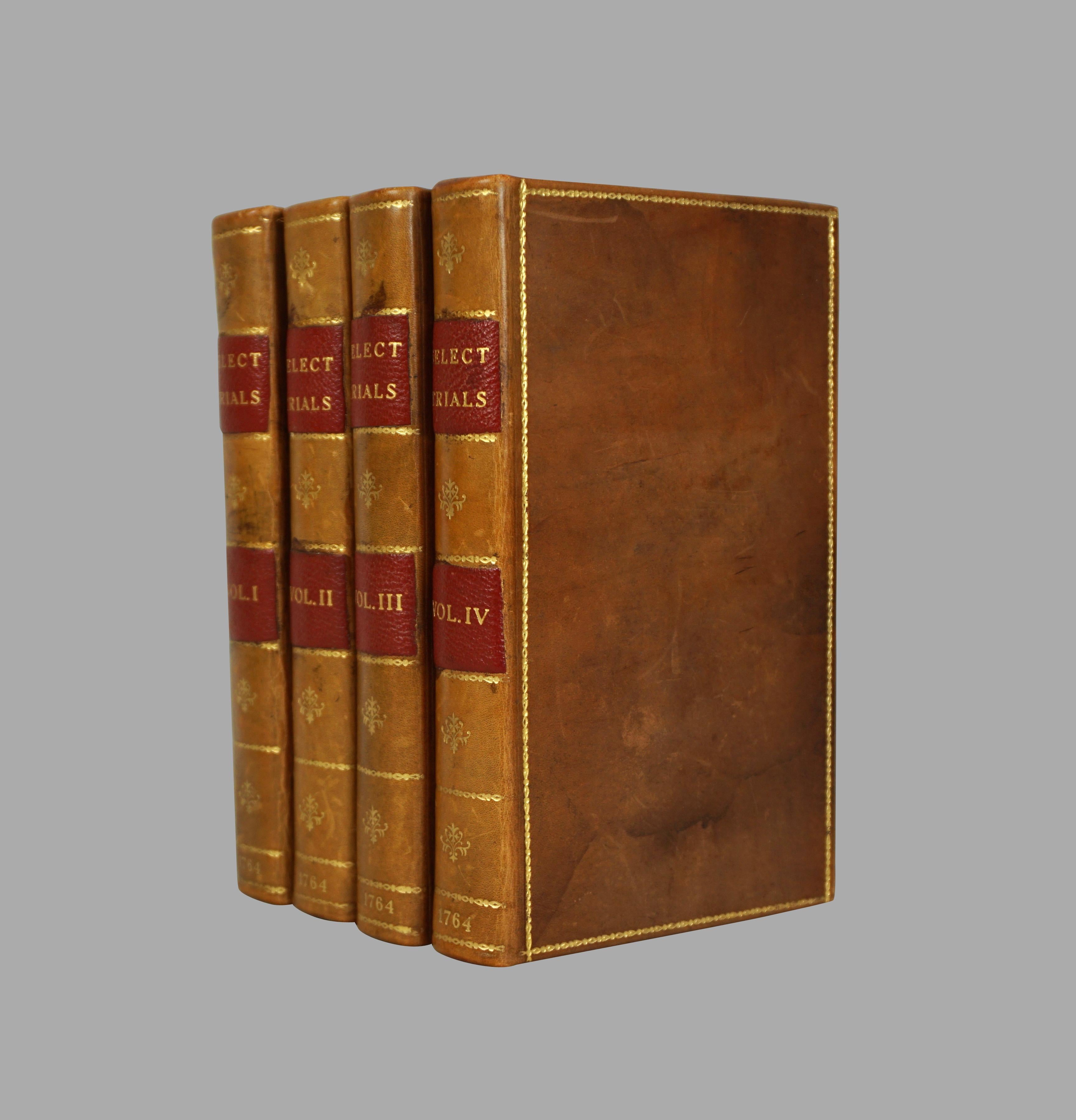 A set of 4 mid 18th century leather bound small volumes recording the proceedings of criminal trials at Old Bailey, the London criminal courts, indexed by specific crimes. These accounts were published to amuse and inform the English people of that