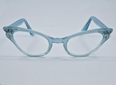 Selecta French Velvet Blue Rhinestone Black Enamel Cat Eyeglass Frames 1960s