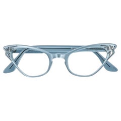 Selecta French Velvet Blue Rhinestone Black Enamel Cat Eyeglass Frames 1960s 