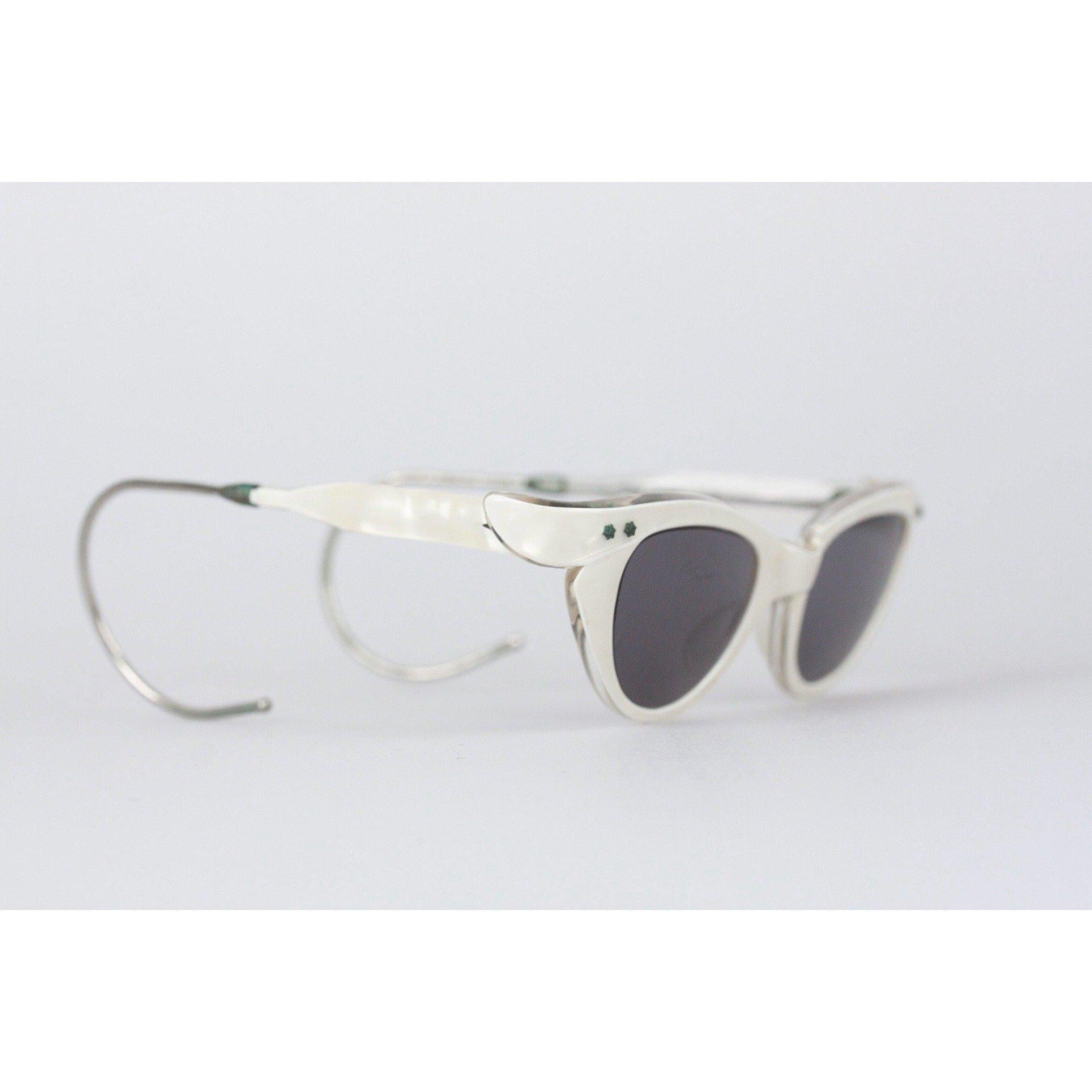 Unique, Rare Vintage SELECTA Tiny - Small cat-eye sunglasses from the 1950s. Made with a white celluloid based frame with wire-wrap earpieces. 100% UV protected lenses. Extra-small size! Front total lenght of the sunglasses is 115mm. Made in