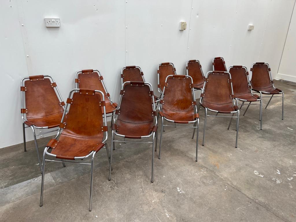 French Selected by Charlotte Perriand for Les Arcs Ski Resort, 12 Leather Dining Chairs For Sale