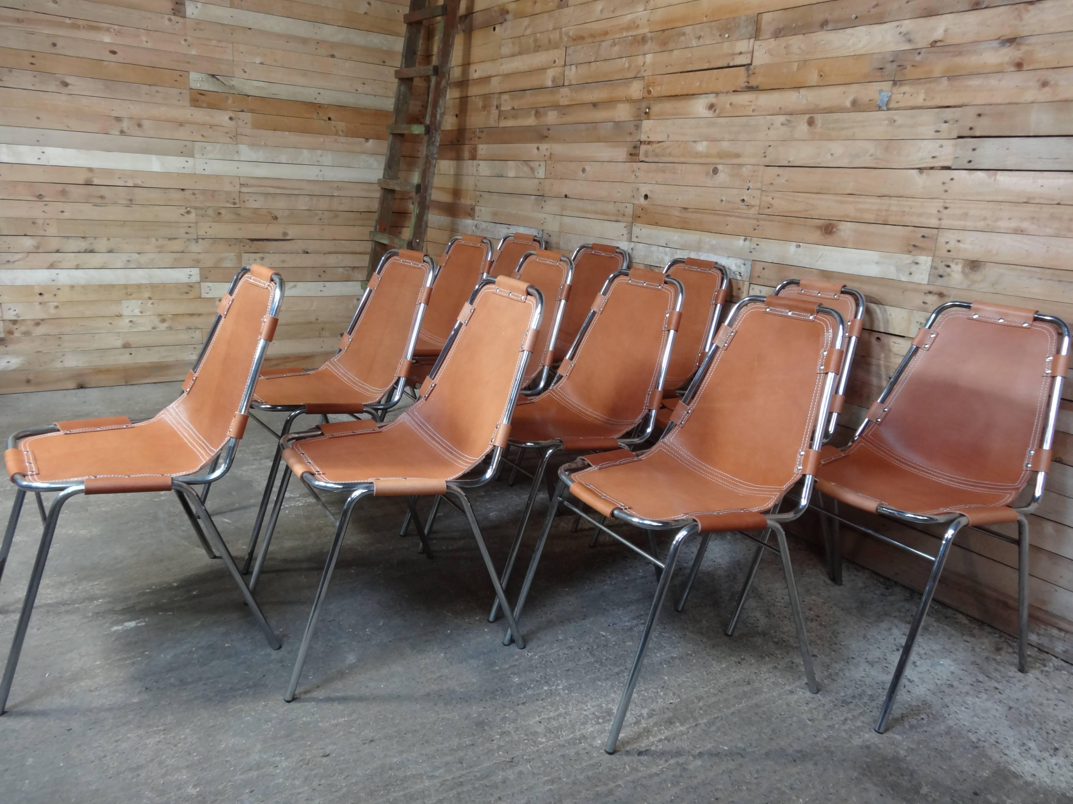 French Selected by Charlotte Perriand for Les Arcs Ski Resort, 12 Leather Dining Chairs