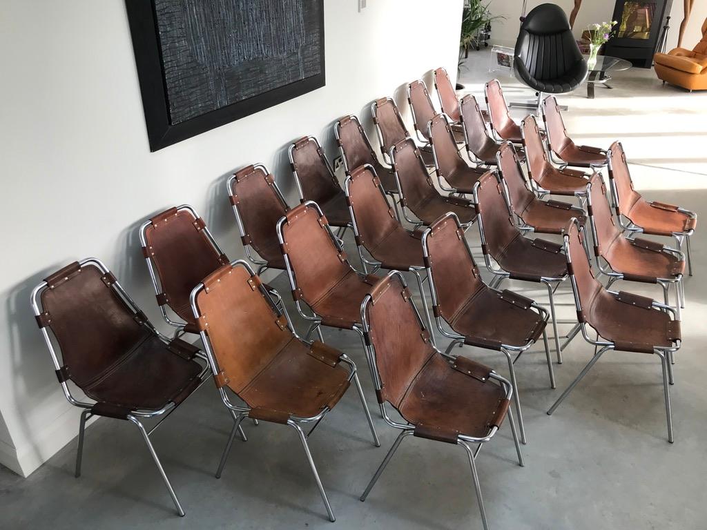 French Selected by Charlotte Perriand for Les Arcs Ski Resort, 24 Leather Dining Chairs For Sale