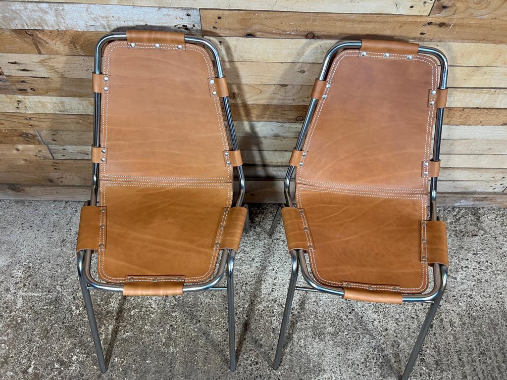 French Selected by Charlotte Perriand for Les Arcs Ski Resort, Leather Dining Chairs For Sale