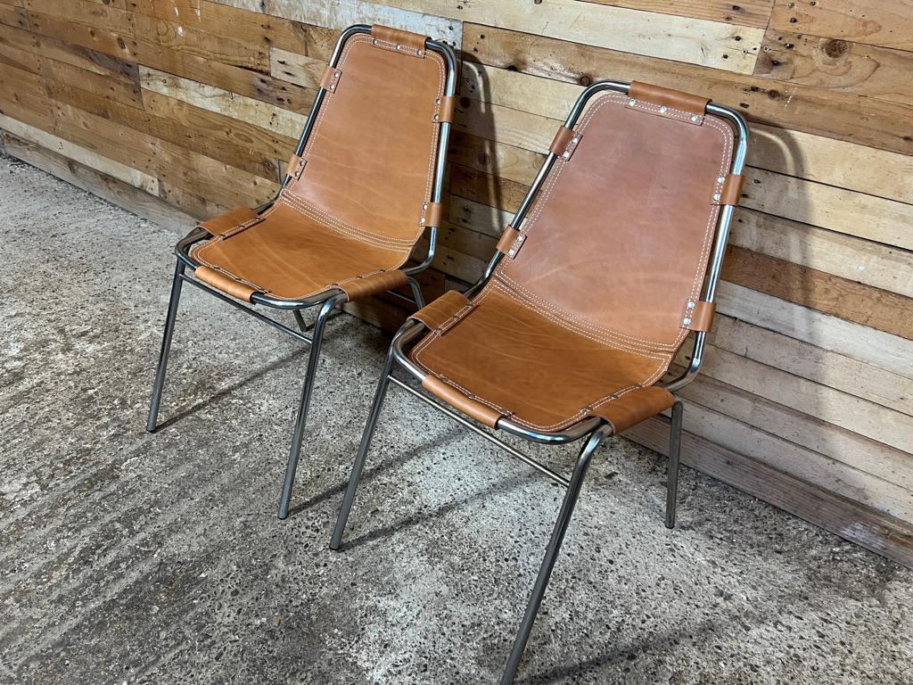 Metal Selected by Charlotte Perriand for Les Arcs Ski Resort, Leather Dining Chairs For Sale