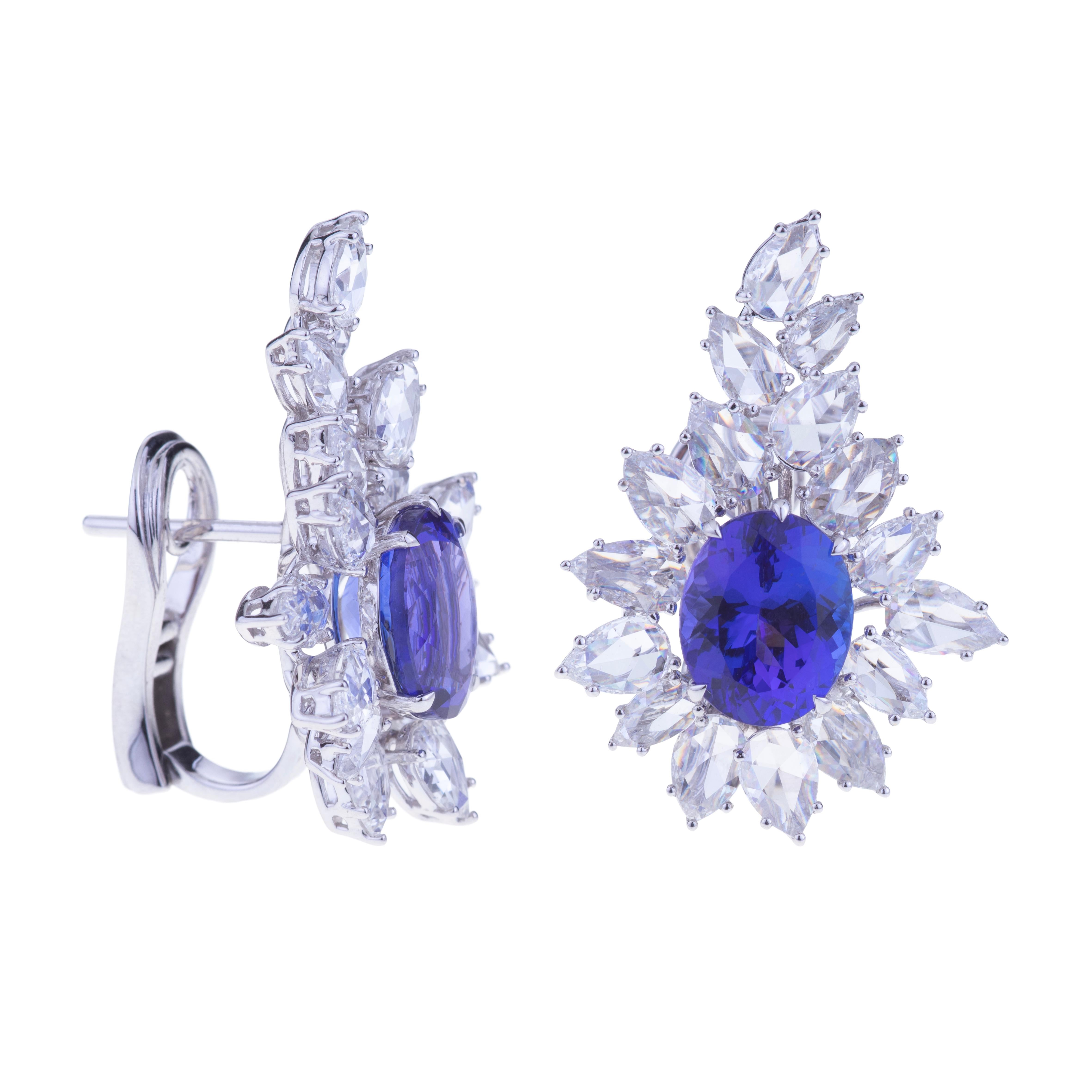 Classical Roman Selected Intense Blue Tanzanite Earrings White Gold with Diamonds, Matching Ring For Sale