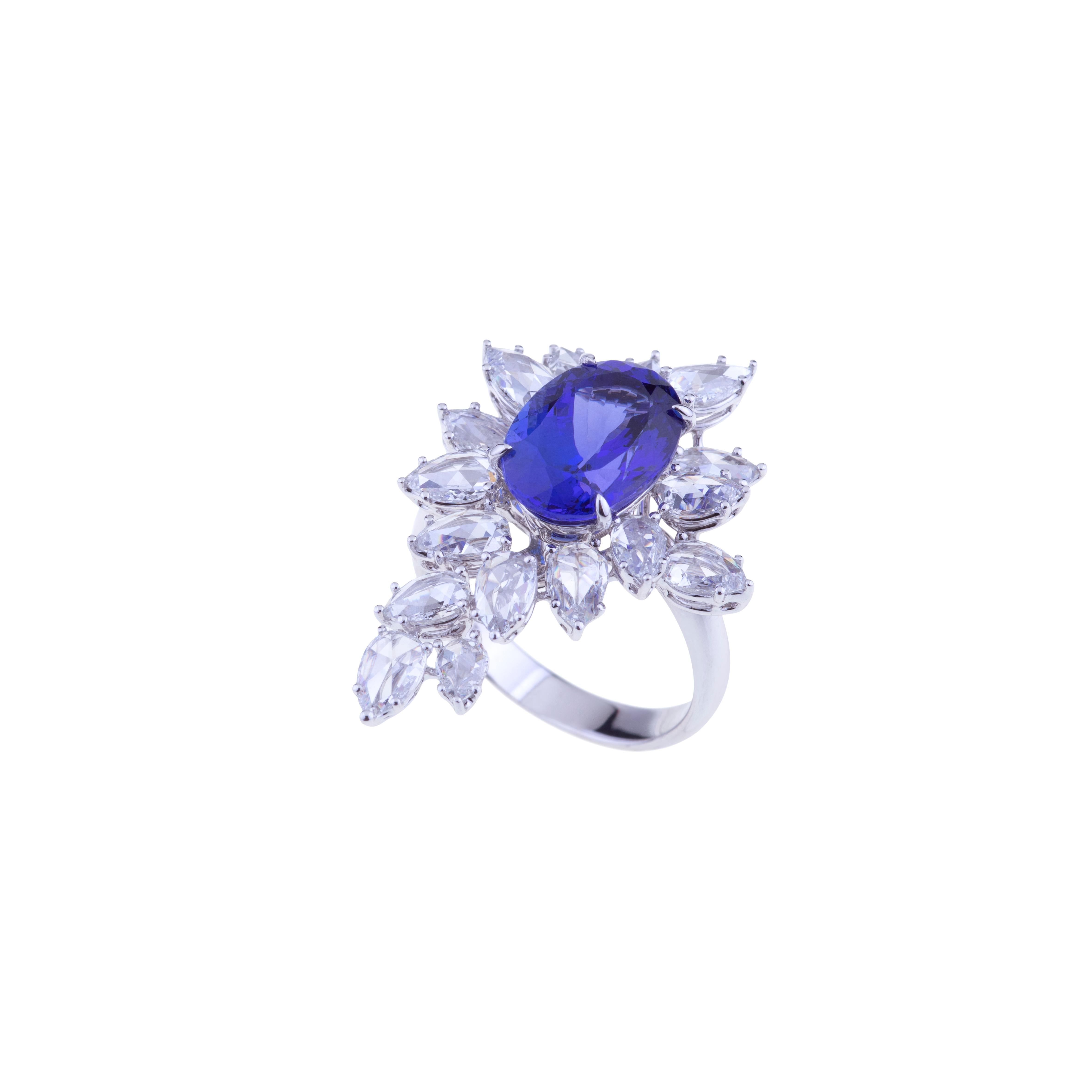 Oval Cut Selected Intense Blue Tanzanite Earrings White Gold with Diamonds, Matching Ring For Sale
