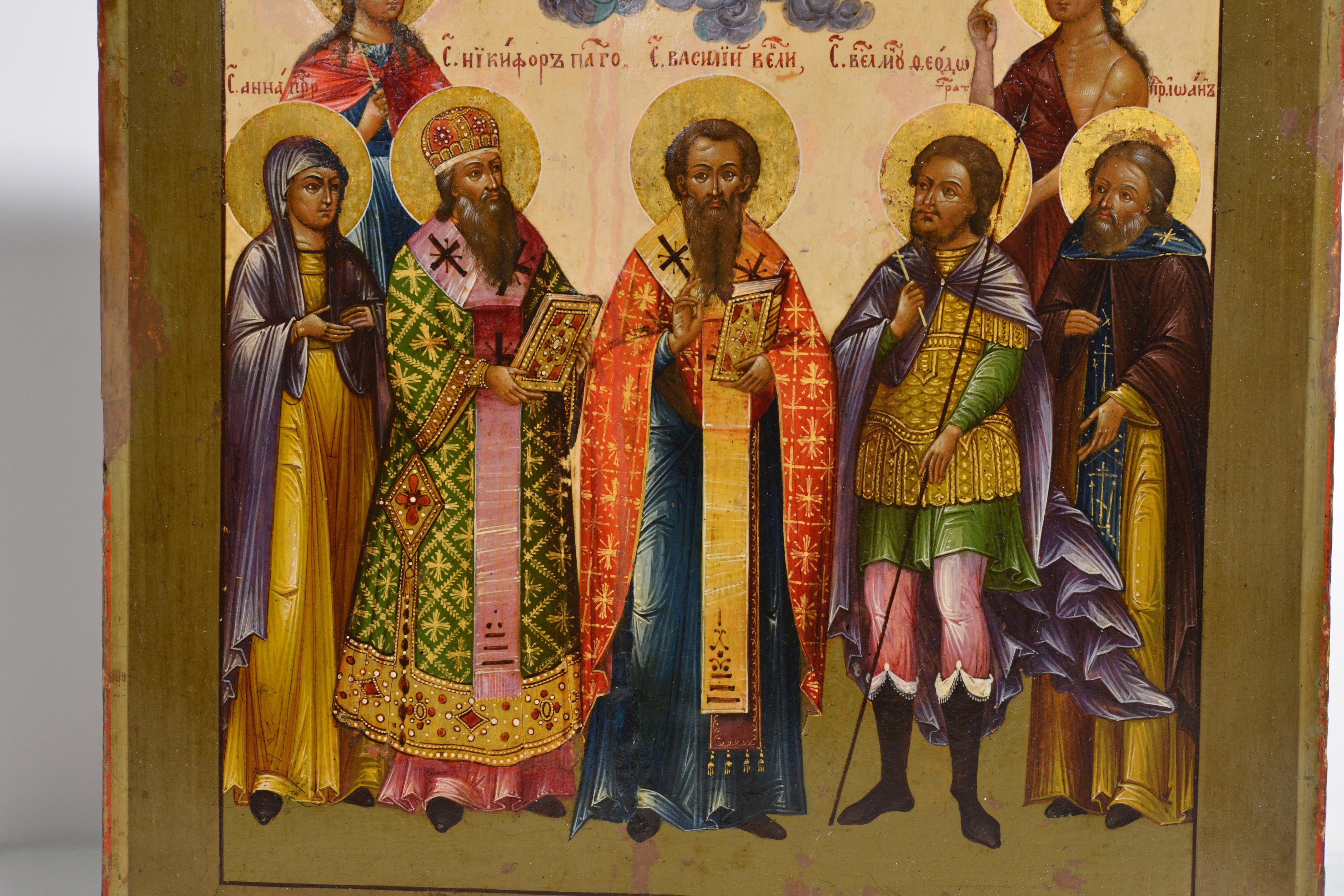 Presumably Yaroslavl school, late 1800s. Exceptional painting quality, gemstone-based paints give the icon an outstanding appearance. From left to right: Reverend Anna, Great Martyr Catherine of Alexandria, Nikephoros I of Constantinople, Basil the