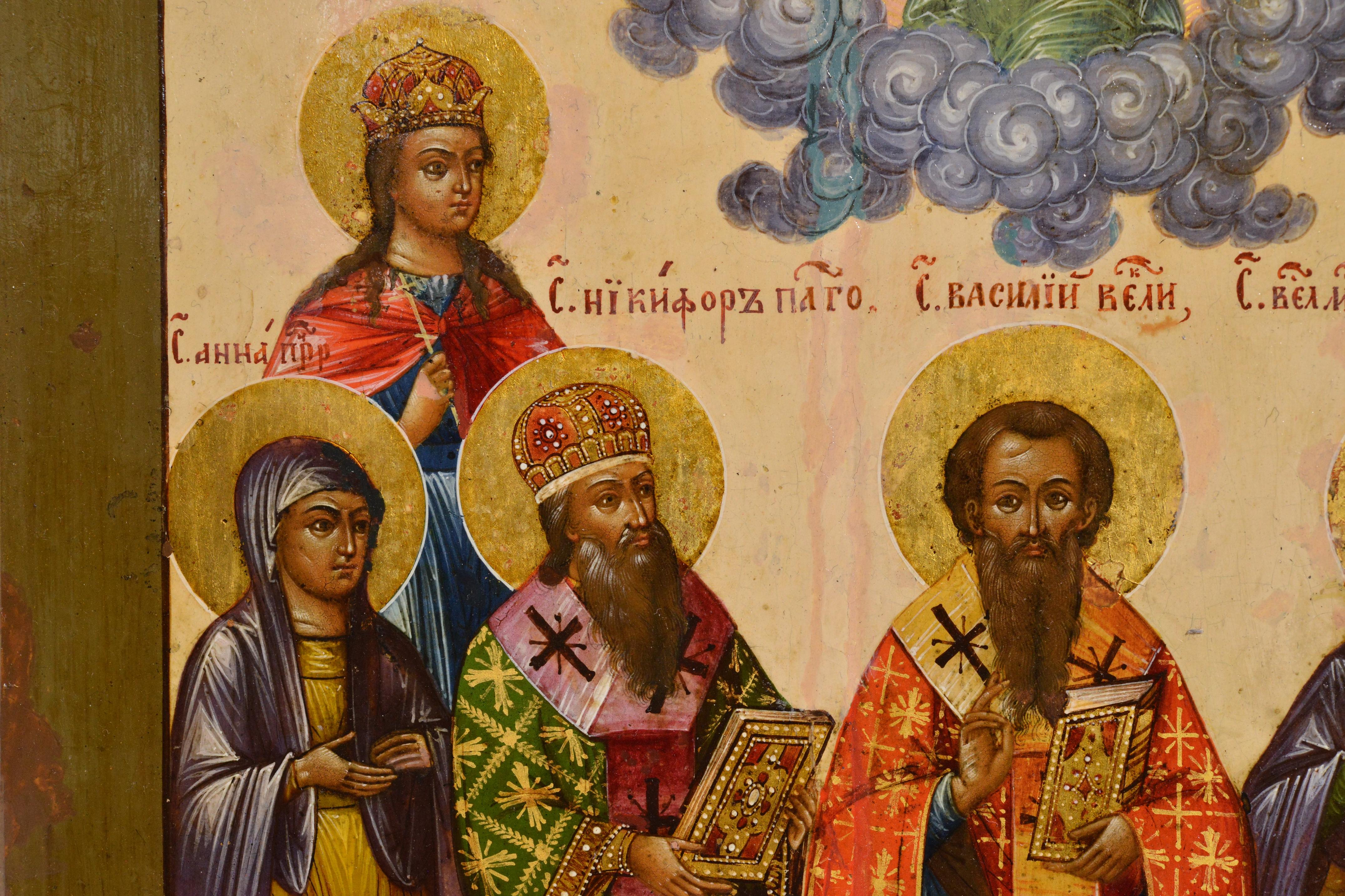 Oiled Selected Saints Russian Tempera Icon 19th Century Masterwork Yaroslavl school For Sale