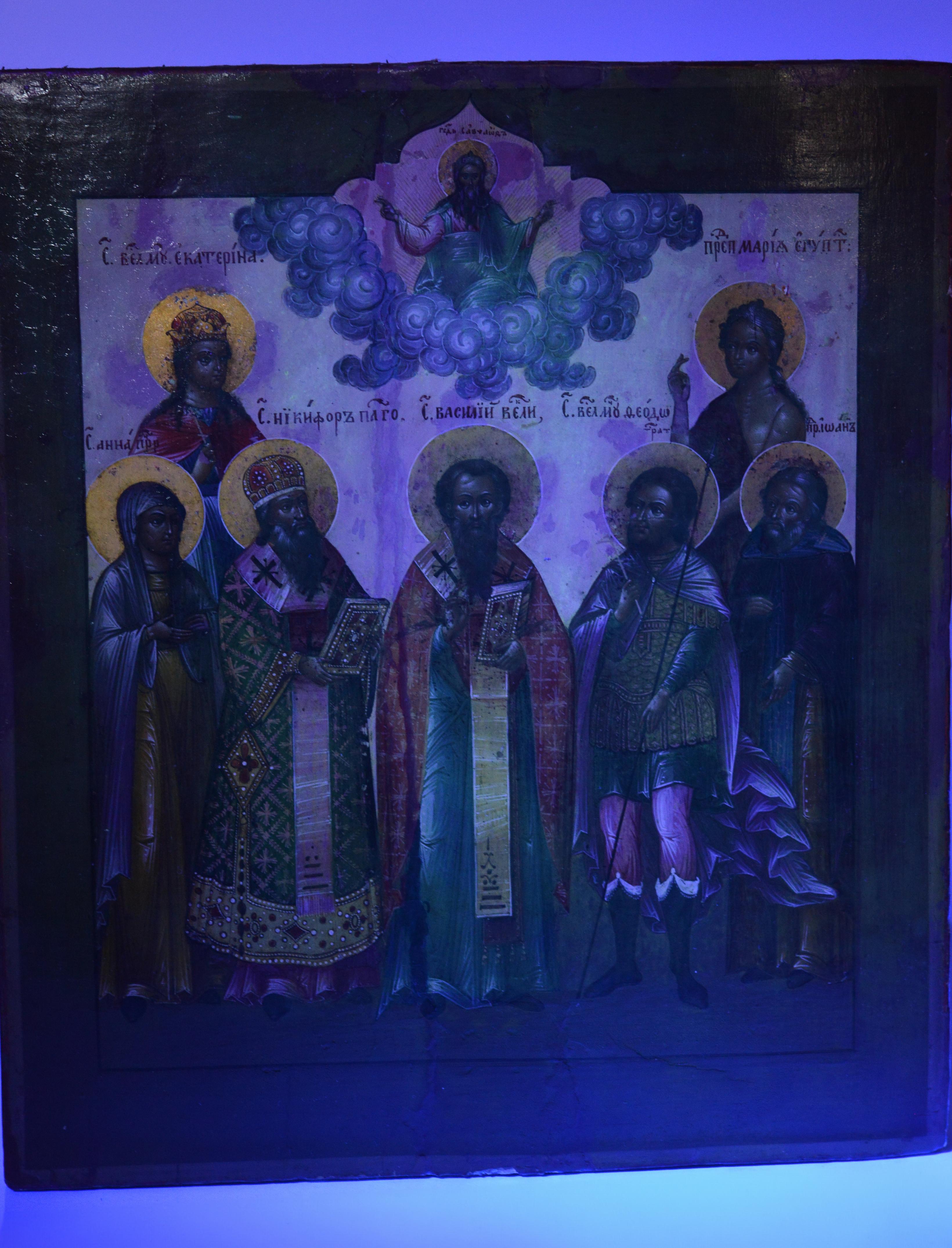 Wood Selected Saints Russian Tempera Icon 19th Century Masterwork Yaroslavl school For Sale