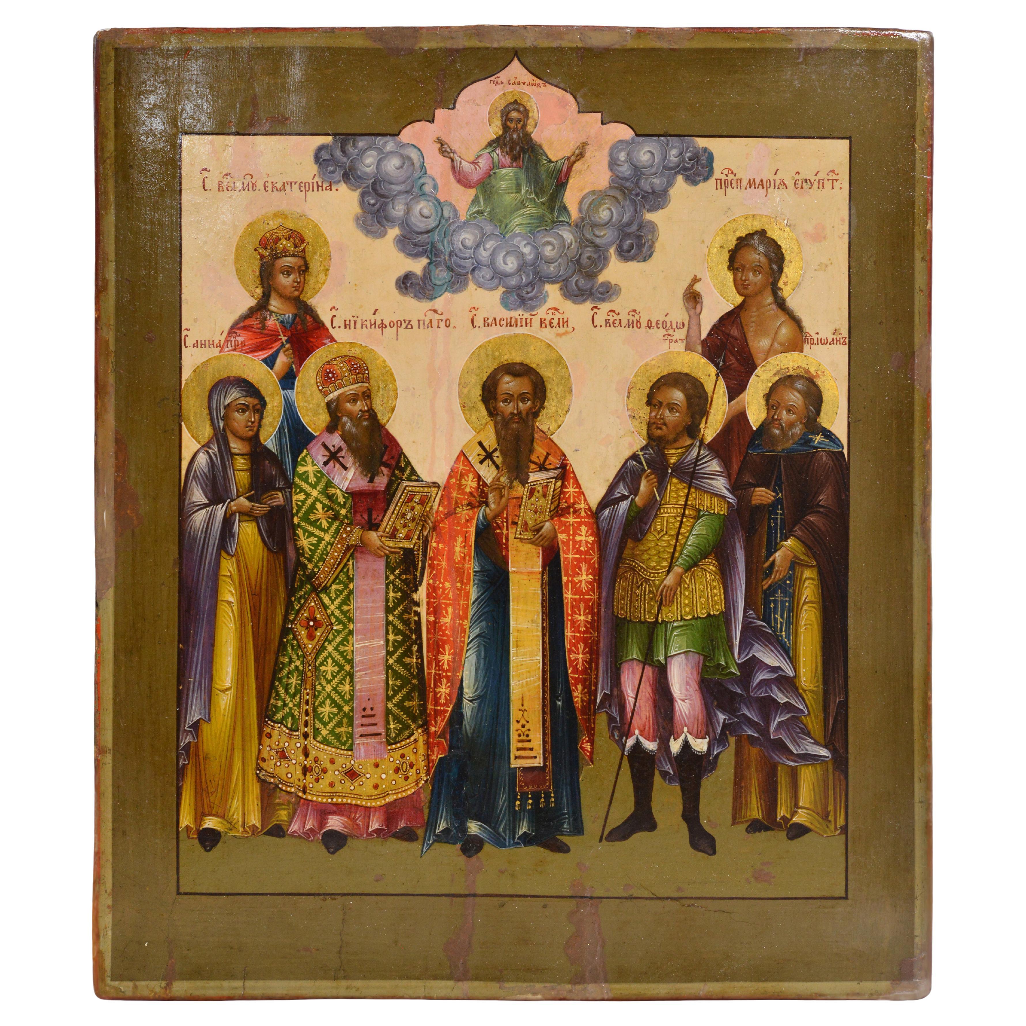 Selected Saints Russian Tempera Icon 19th Century Masterwork Yaroslavl school For Sale