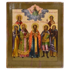 Antique Selected Saints Russian Tempera Icon 19th Century Masterwork Yaroslavl school