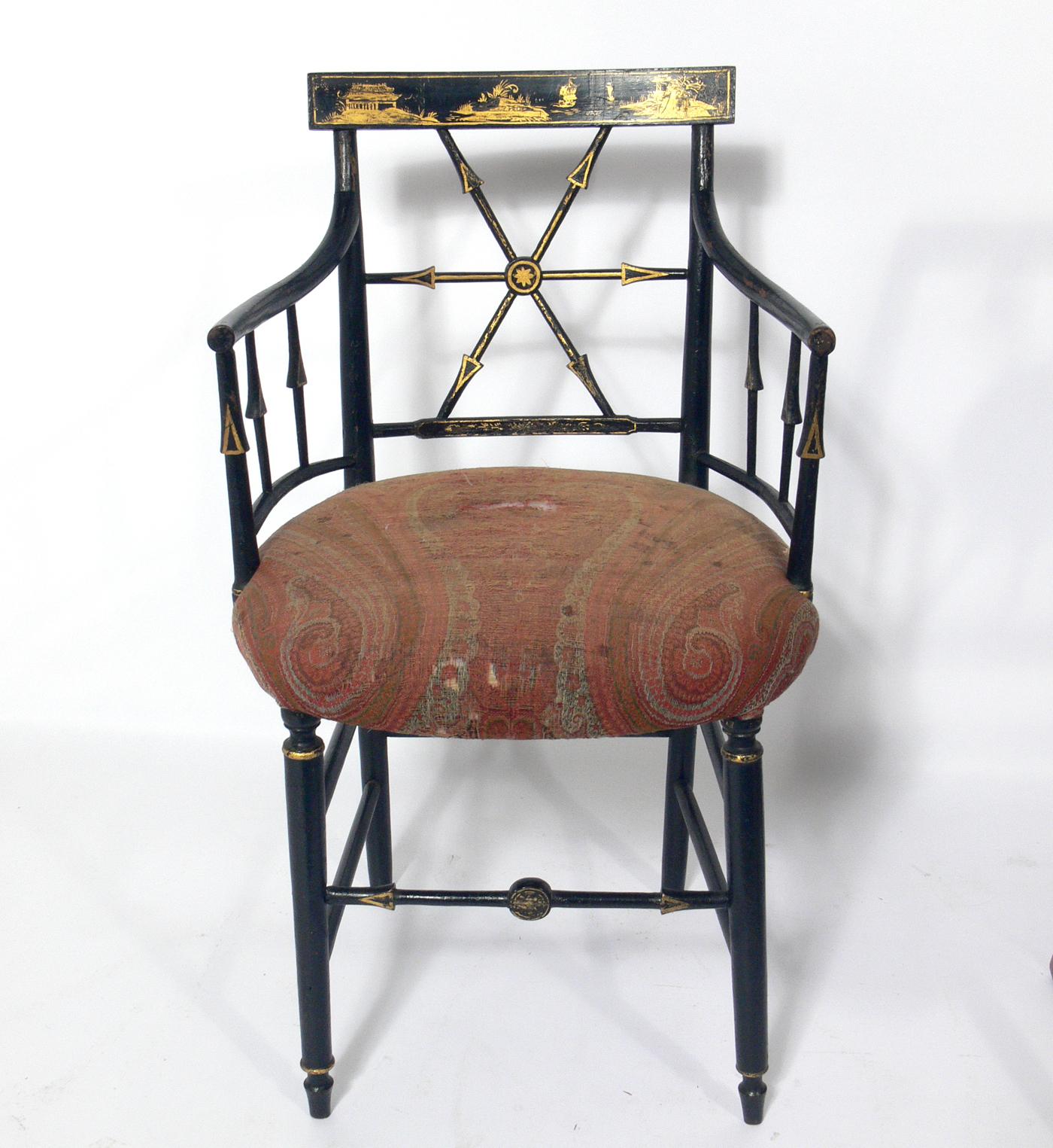 Selection of 19th century French chairs, France, circa late 19th Century. 
From left to right, they are:
1) Black and gold chinoiserie armchair. It measures 34.25