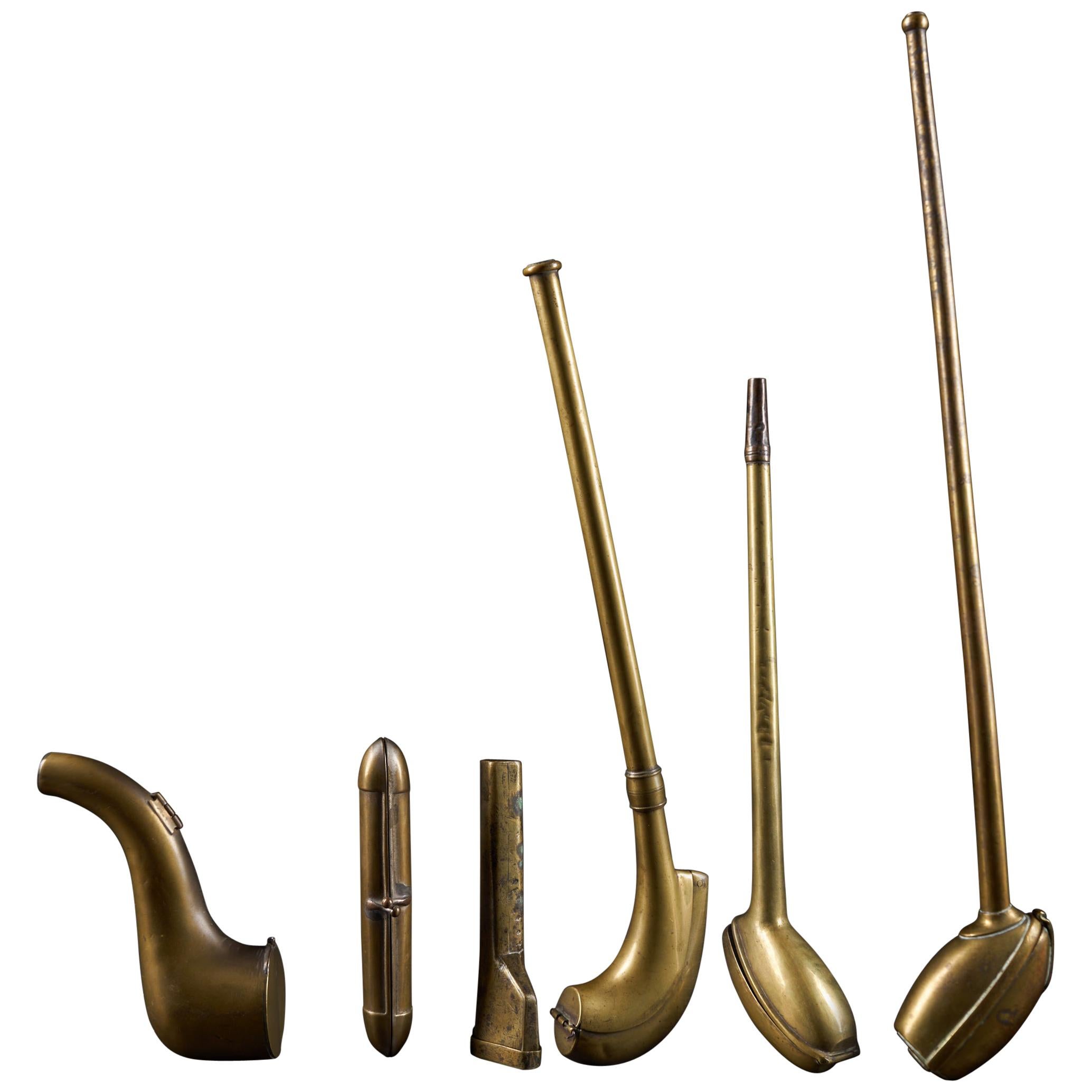 Selection of 6 Brass Pipe Holder Cases for Clay and Other Pipes For Sale