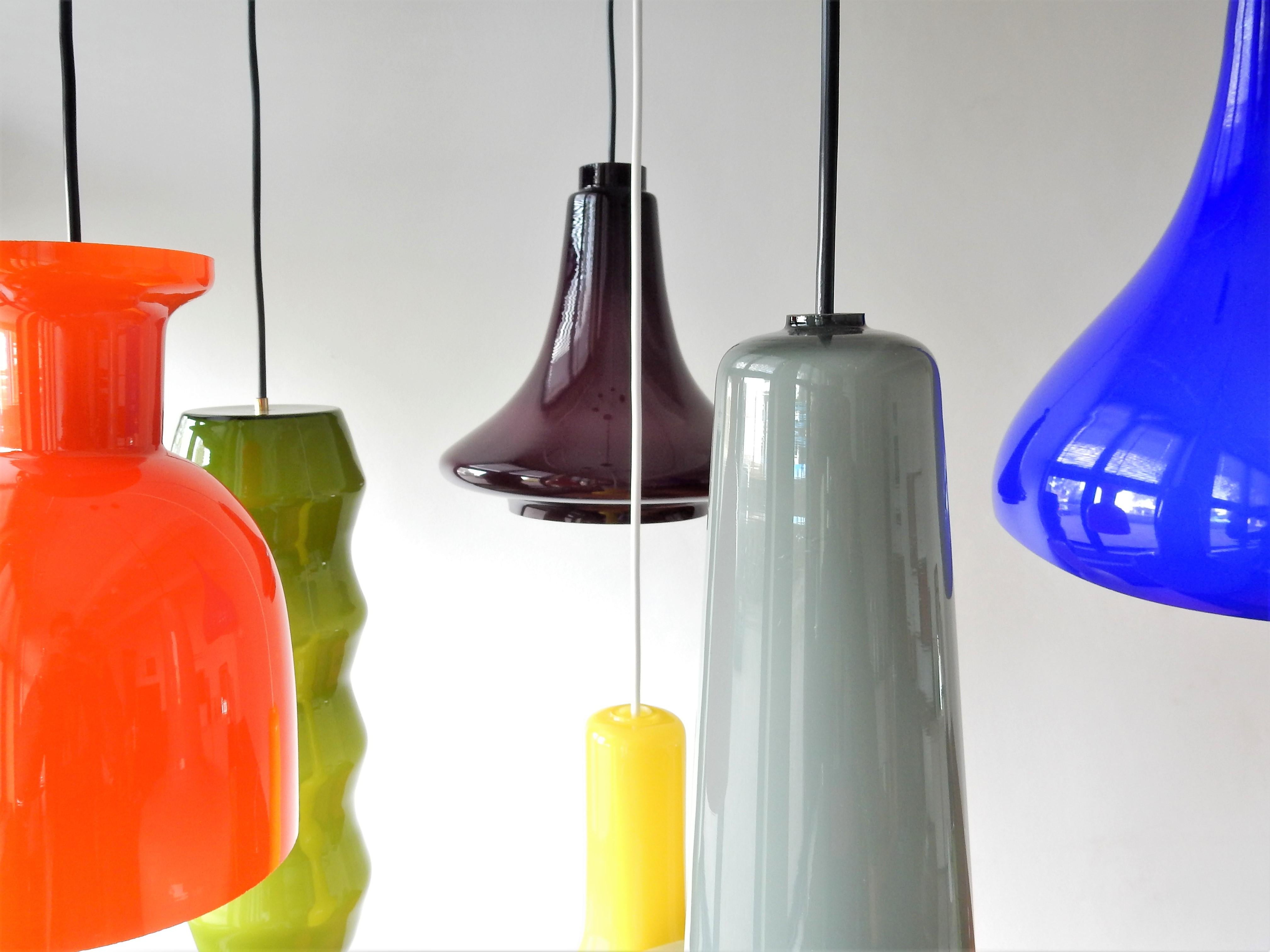 Mid-Century Modern Selection of 6 Different Colored and Shaped Glass Pendant Lamps, Europe, 1960s