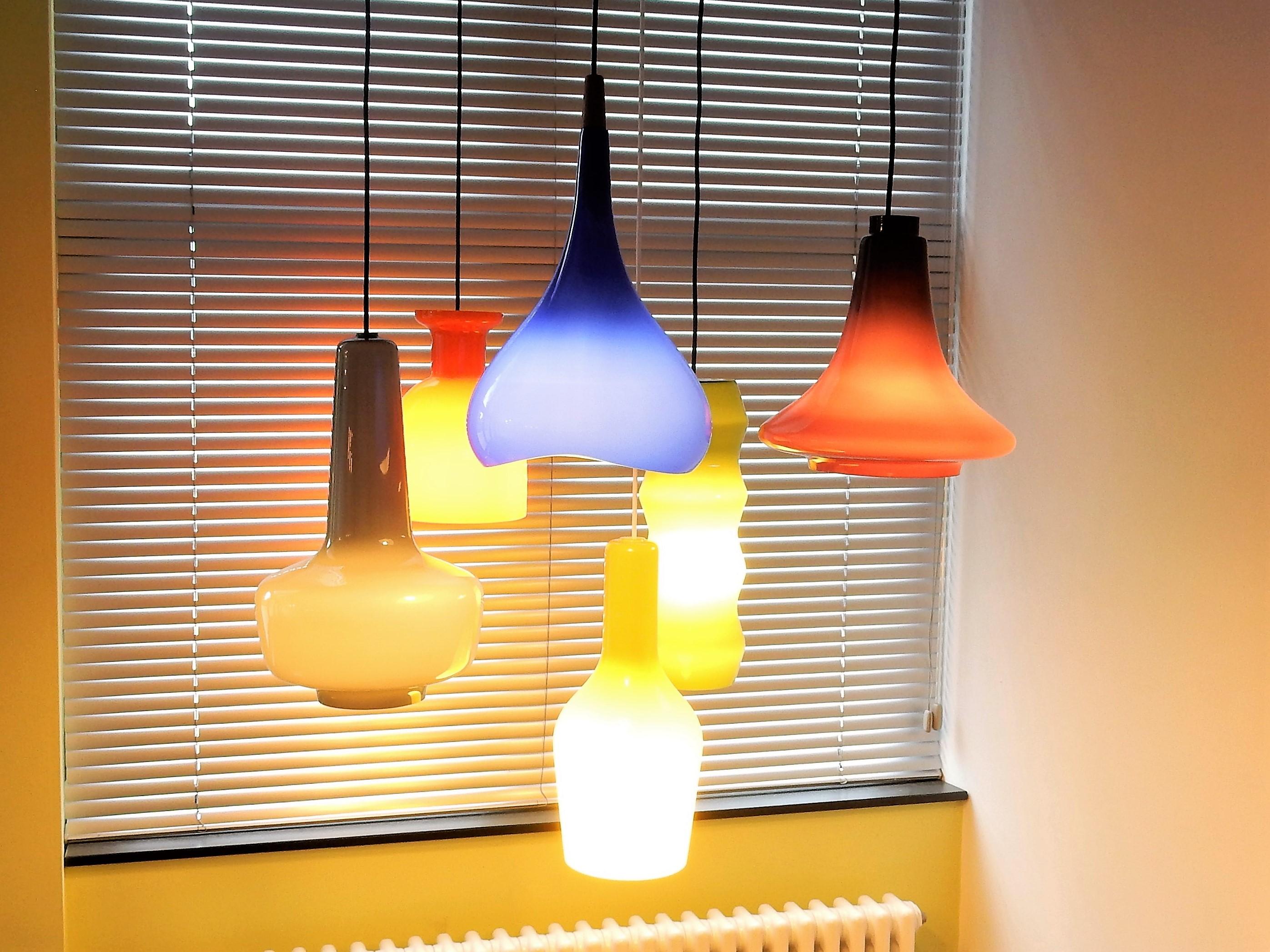 European Selection of 6 Different Colored and Shaped Glass Pendant Lamps, Europe, 1960s