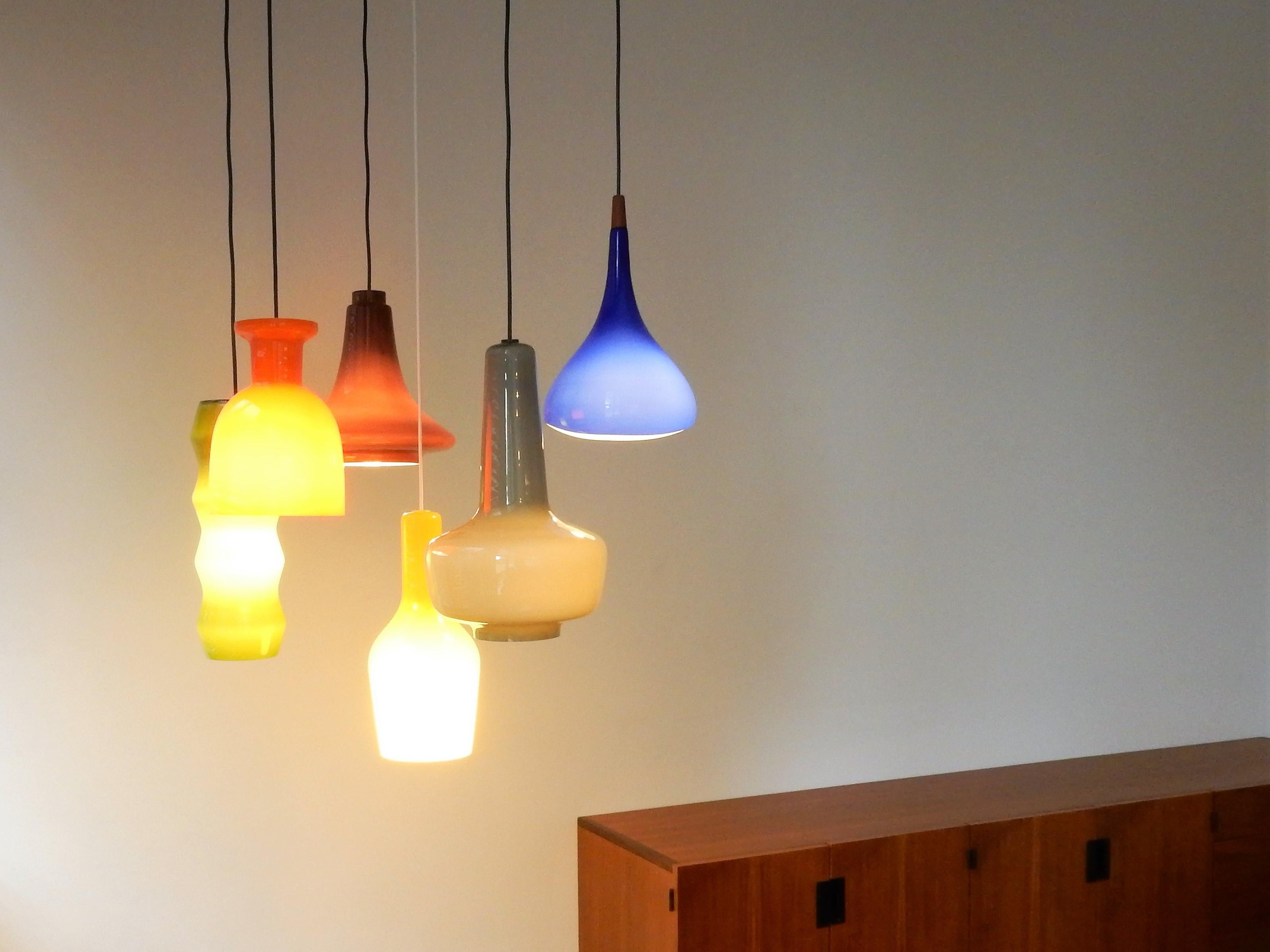 Selection of 6 Different Colored and Shaped Glass Pendant Lamps, Europe, 1960s In Good Condition In Steenwijk, NL