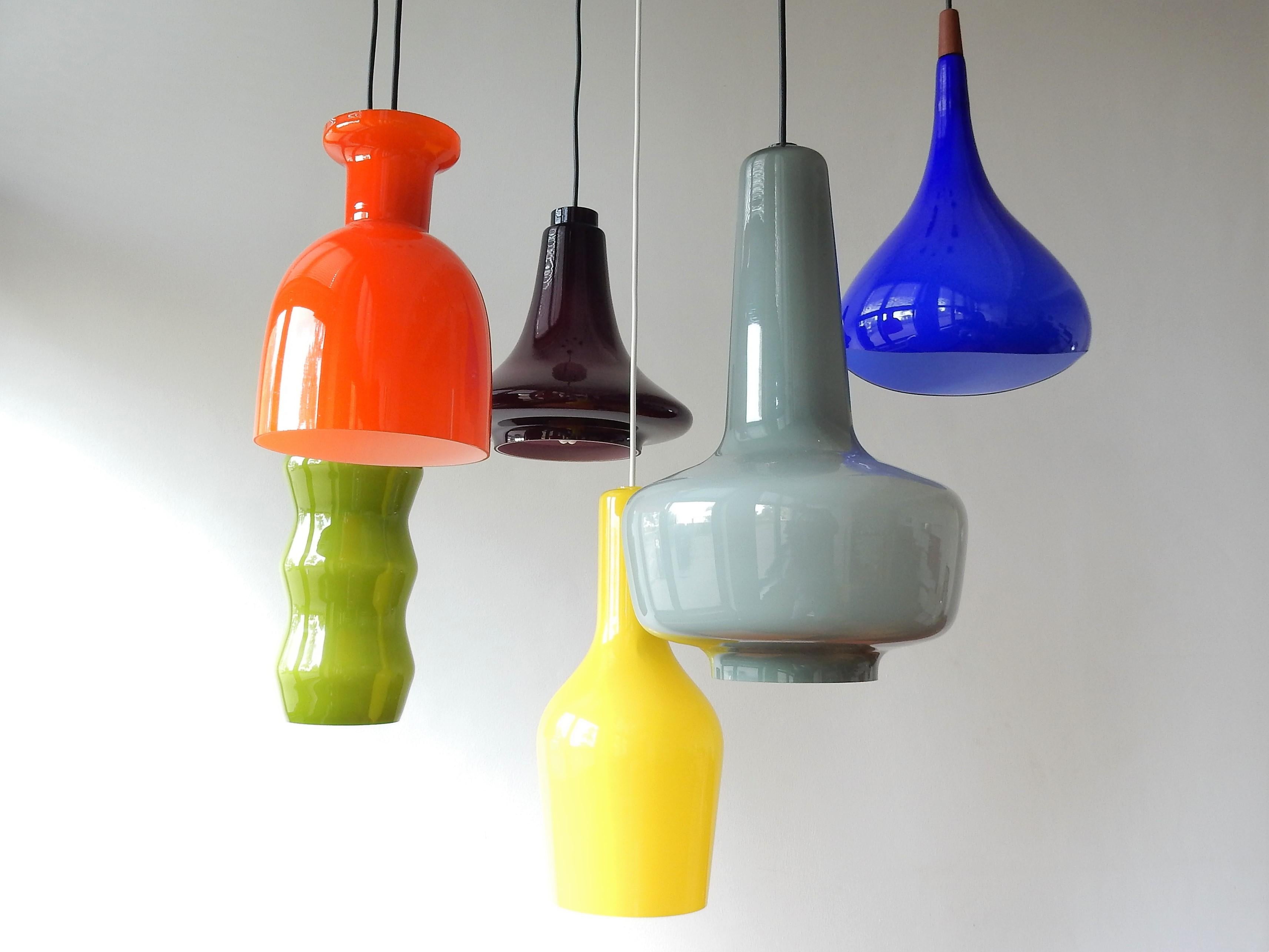Mid-20th Century Selection of 6 Different Colored and Shaped Glass Pendant Lamps, Europe, 1960s