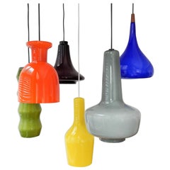 Selection of 6 Different Colored and Shaped Glass Pendant Lamps, Europe, 1960s