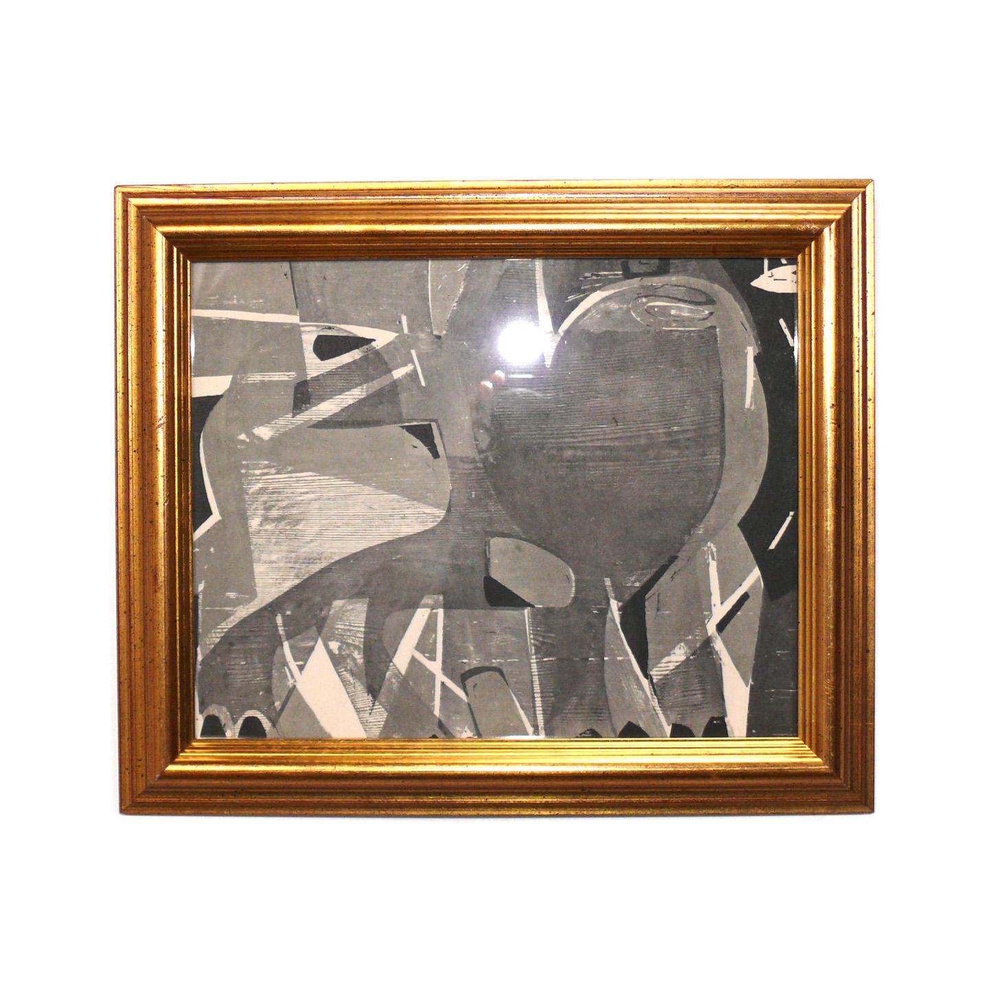Sélection de gravures sur bois abstraites en noir et blanc réalisées par Hap Grieshaber, Allemand, vers les années 1960. Ils ont été récemment encadrés professionnellement dans des cadres en bois doré d'époque sous verre résistant aux UV. Leur prix