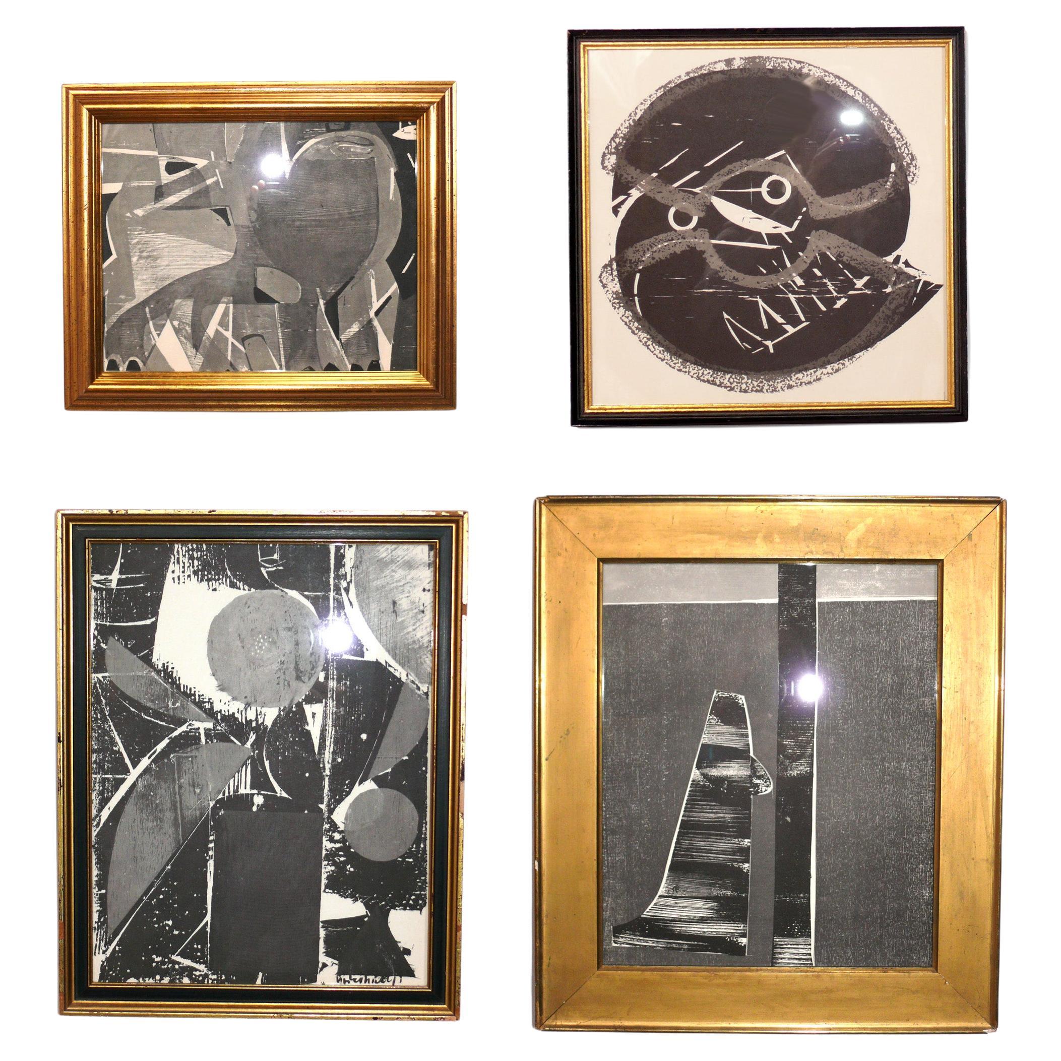 Selection of Abstract Black and White Woodcuts by Hap Grieshaber in Gilt Frames