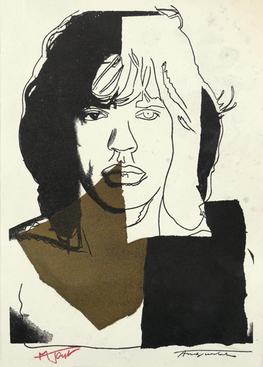 Sélection de lithographies modernes abstraites pour galerie murale, vers les années 1960-1970. Il s'agit de
Rangée du haut, de gauche à droite : 
1 &2) Lithographies en couleur de Mick Jagger d'après Andy Warhol pour The Mick Jagger Sample Portfolio