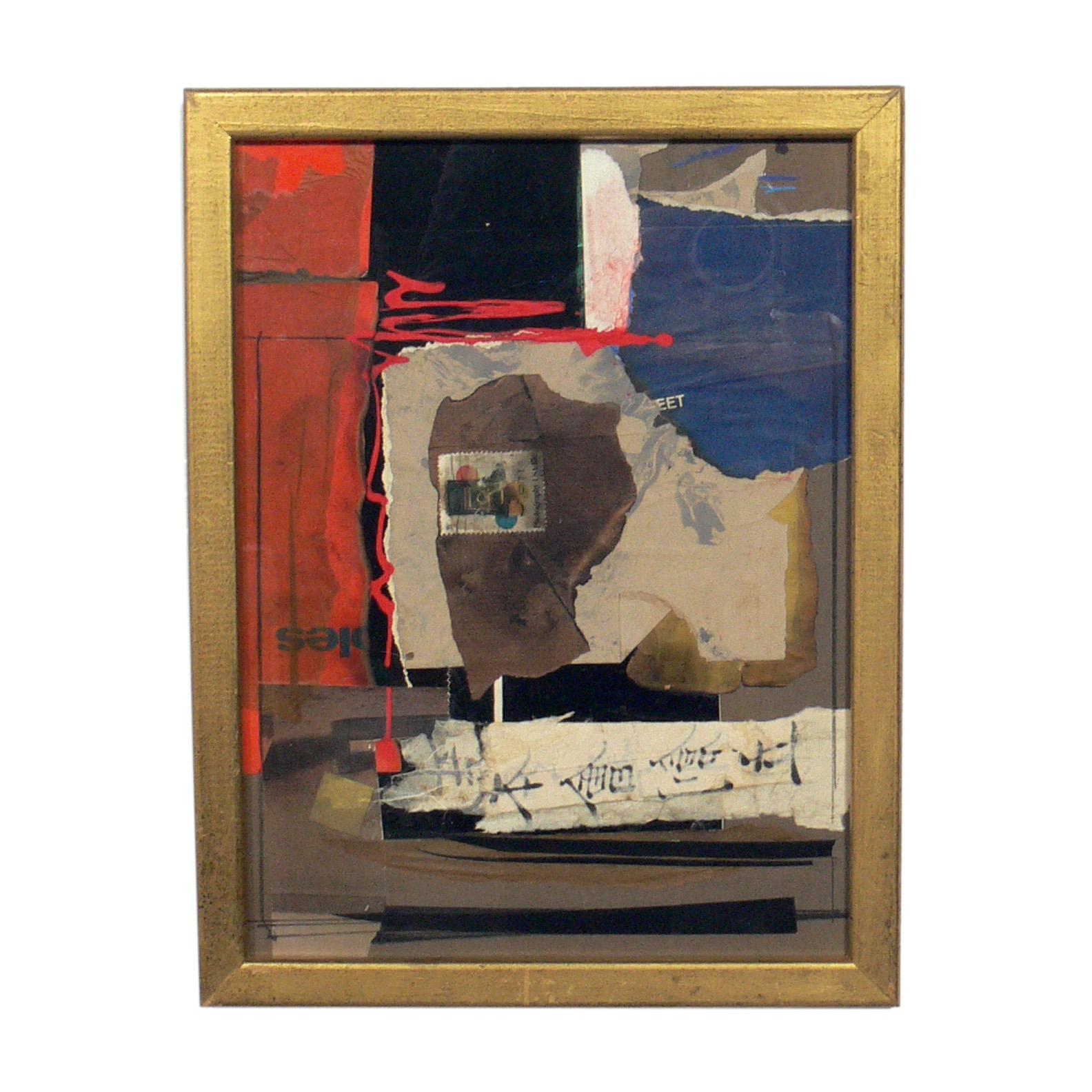 Selection of abstract paintings, circa 1960s. They are:
1) Mixed media collage painting pictured on top, unsigned. It measures 13.75