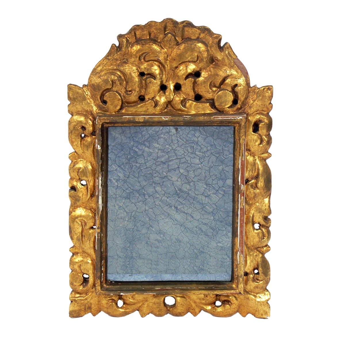 Selection of antiqued gilt mirrors #5, circa mid-20th century.
They are:
1) Spanish gilt mirror, circa 1940s. Retains original antiqued mirror. It is seen at the left in the first photo. It measures 17.5