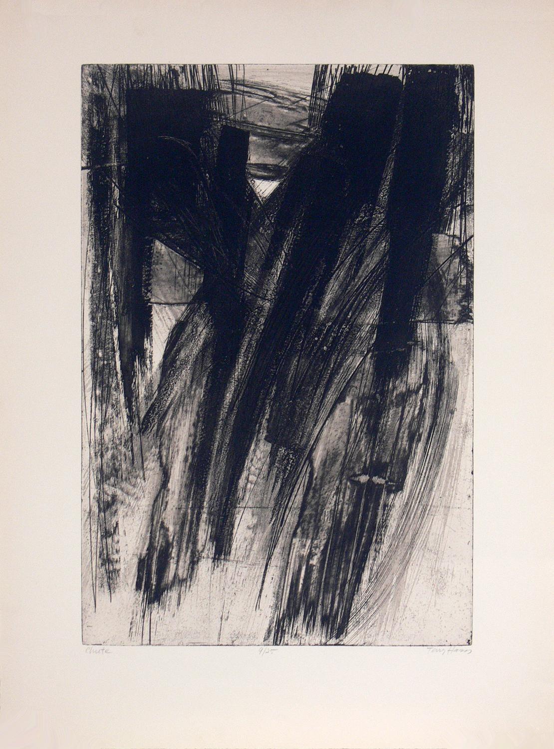 Selection of black and white abstract prints. From left to right, they are:
1) Abstract lithograph by Terry Haan, circa 1960s. Pencil signed and numbered by the artist, number 9 of a very limited edition of 25. It measures 33