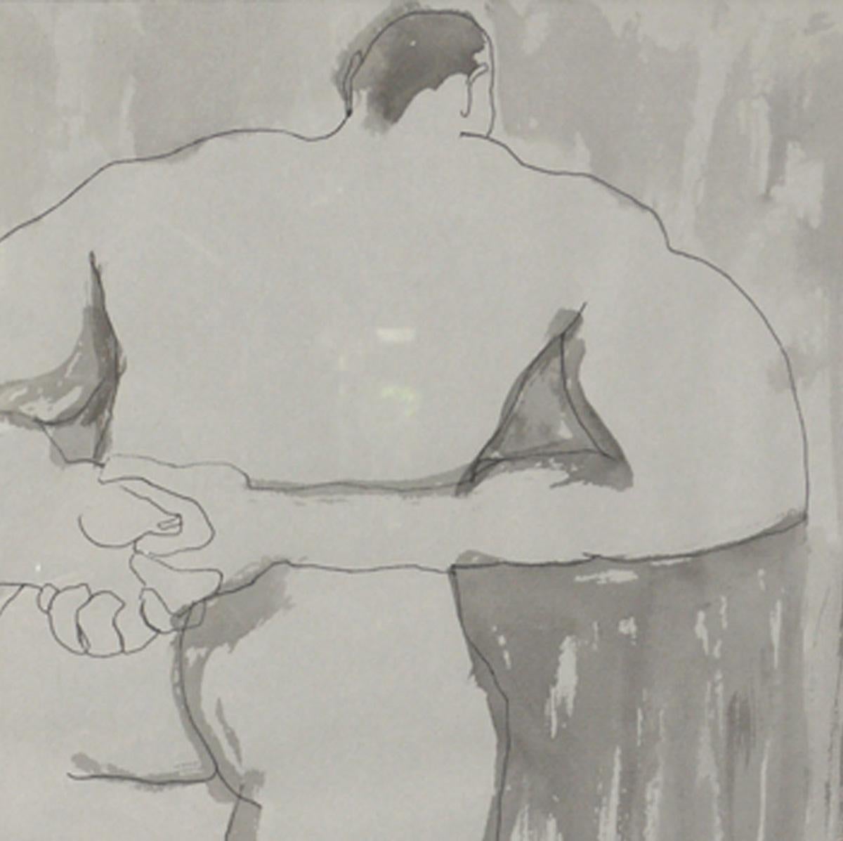 Auswahl von Schwarz-Weiß-Kunst, ca. 1960er Jahre. Von links nach rechts, wie auf dem ersten Foto zu sehen, sind dies: 
1) Männlicher Akt als Aquarell. Es misst 19