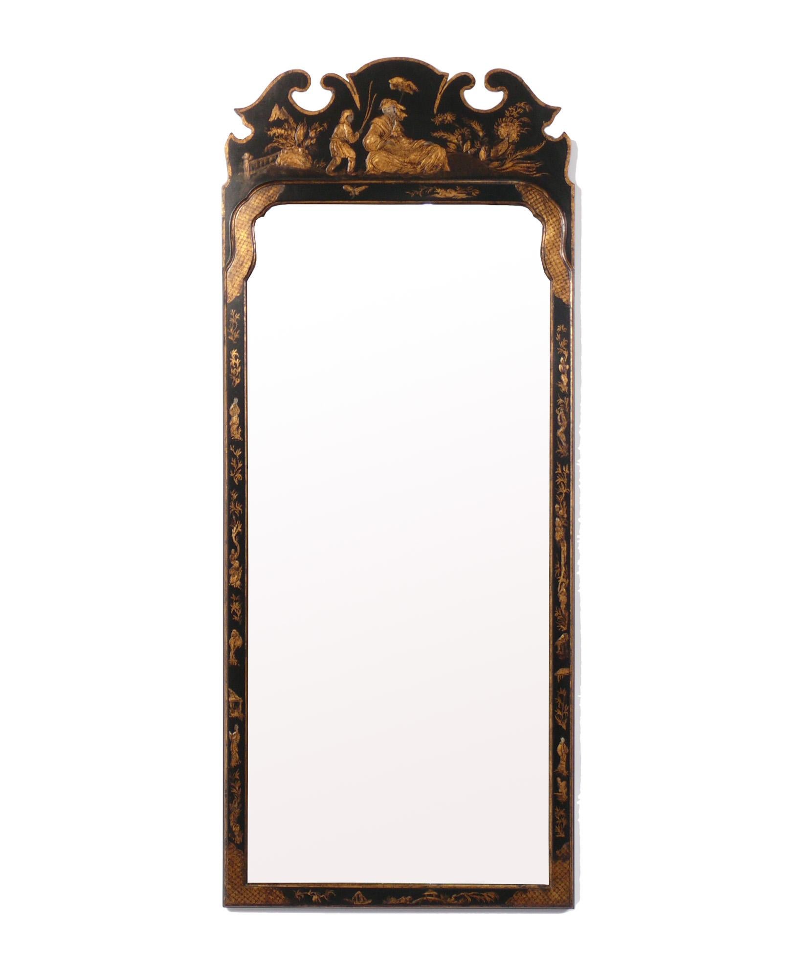 Selection of Chinoiserie Mirrors, American, circa 1960s. They are priced at $1800 each. From left to right, as seen in the first photo, they are:
1) Black lacquer Chinoiserie mirror with hand painted decoration. It measures 43.5