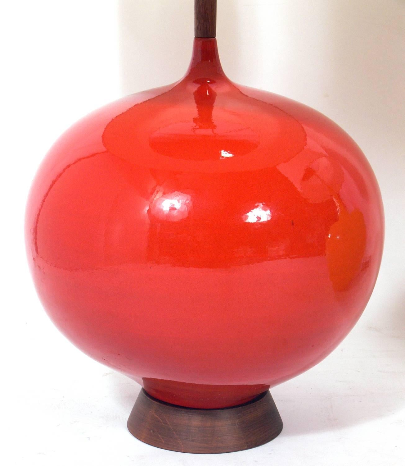 Selection of colorful large-scale ceramic lamps, probably American, but in the style of Jacques and Dani Ruelland, circa 1960s. They all exhibit large-scale sculptural forms with bright pops of color. The price noted below includes the shade.