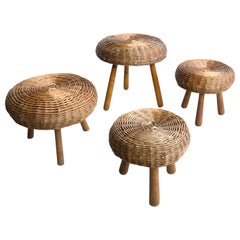 Selection of Decorative Twined Willow and Wood Stools, France, 1960s