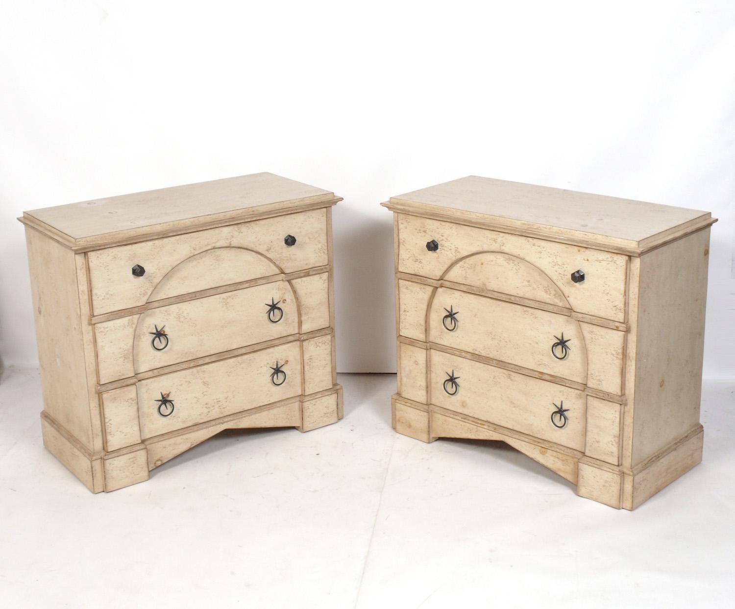 Selection of Distressed Ivory Color Chests, designed for The Milling Road Collection for Baker, American, circa 1980s. They are priced at $2600 each or $4800 for the pair. They are constructed of wood with an ivory color distressed finish, and