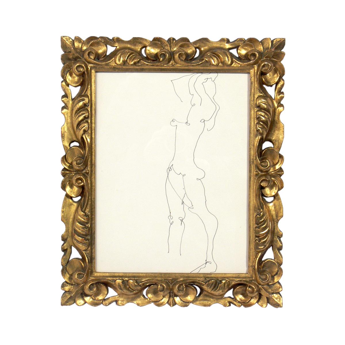 Selection of figural drawings in Vintage gilt frames, circa 1960s. They are:
1) Figural nude drawing by Miriam Kubach, circa 1960s. It is seen at the top left in the first photo and measures 15