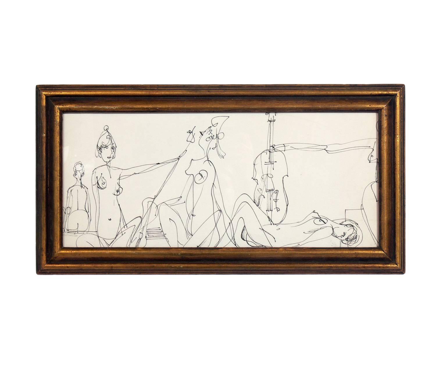 Selection of figural line drawings or gallery wall by Miriam Kubach, American, circa 1950s. They have been framed in vintage gilt frames. The drawing pictured on the top measures 11.25