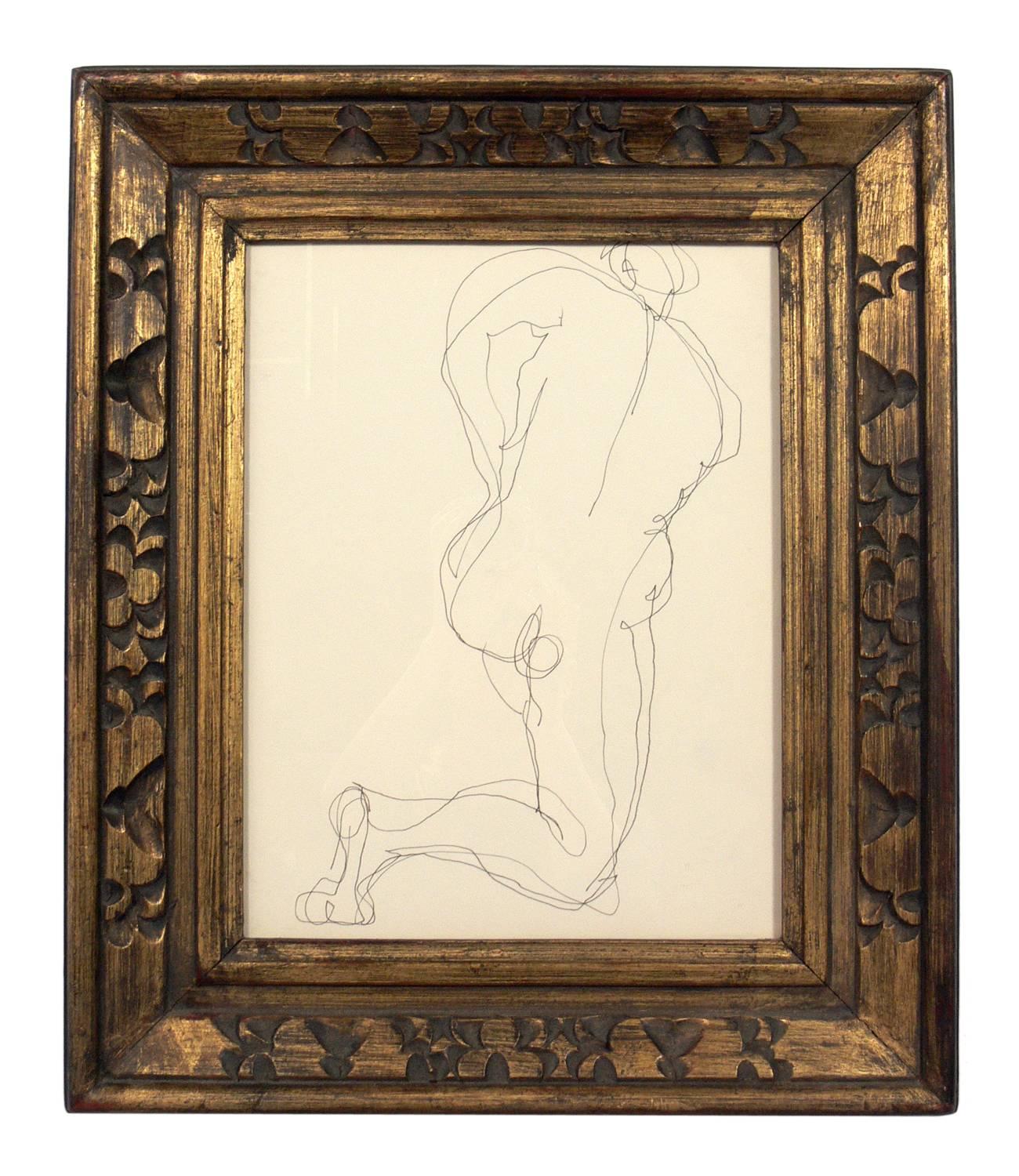 Selection of figural line drawings or gallery wall by Miriam Kubach, American, circa 1950s. They have been framed in vintage gilt frames. From left to right they measure 20