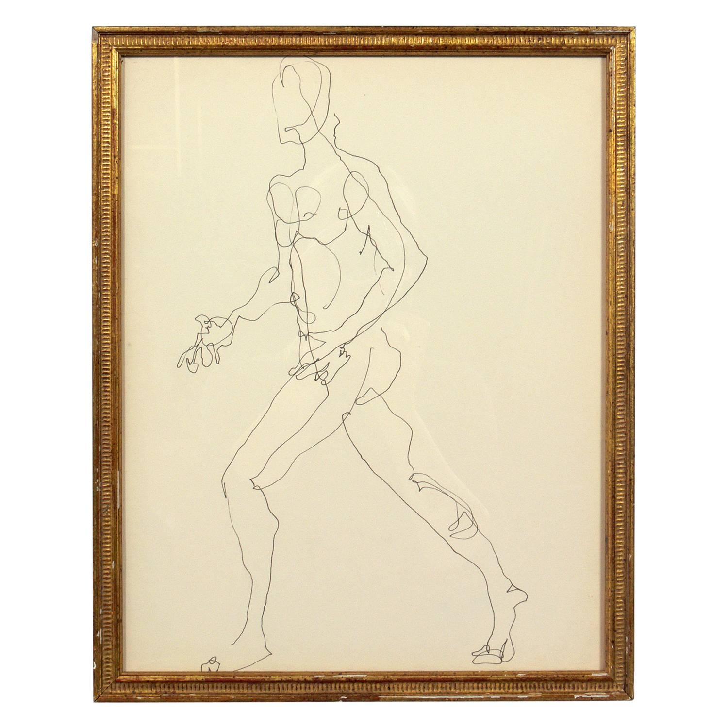 Selection of figural line drawings or gallery wall by Miriam Kubach, American, circa 1950s. They have been framed in vintage gilt frames. Top row, left to right, they measure 14.75