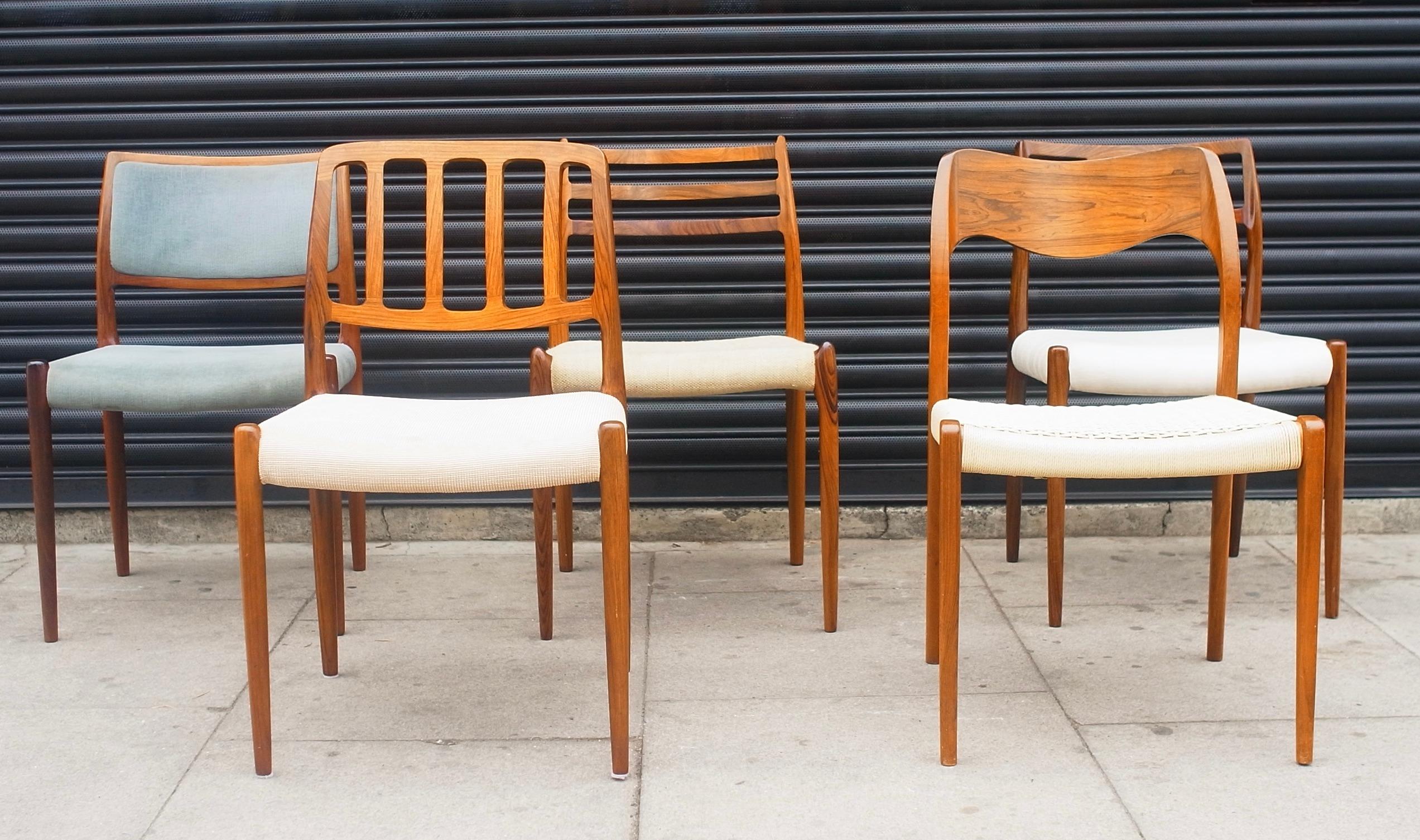 Selection of Five Vintage Rosewood Danish Dining Chairs by Niels.O. Moller For Sale 11