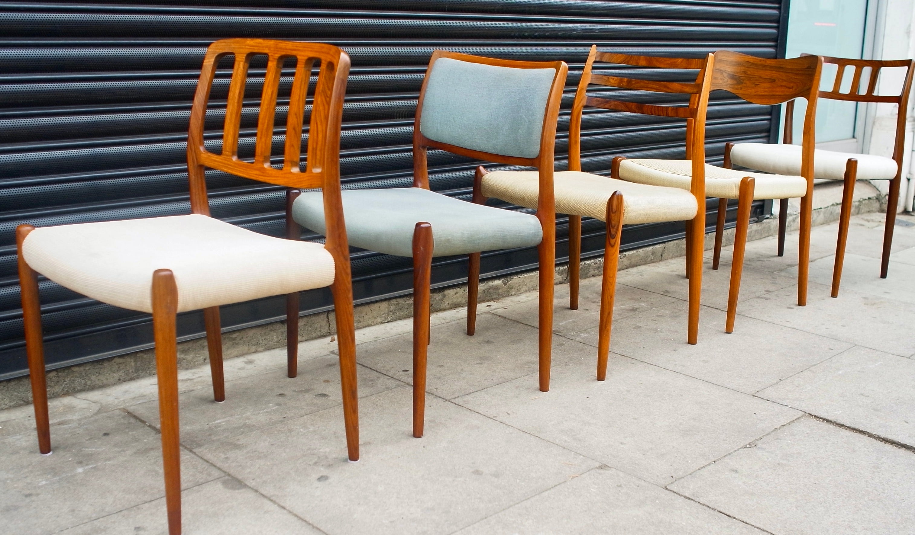 A very fine selection of five 1960s stylish high quality solid rosewood Danish dining chairs designed by Niels O. Moller. the chairs consist of one of each of various models including: 71,78,79,80, and 83. These dining chairs are in very good