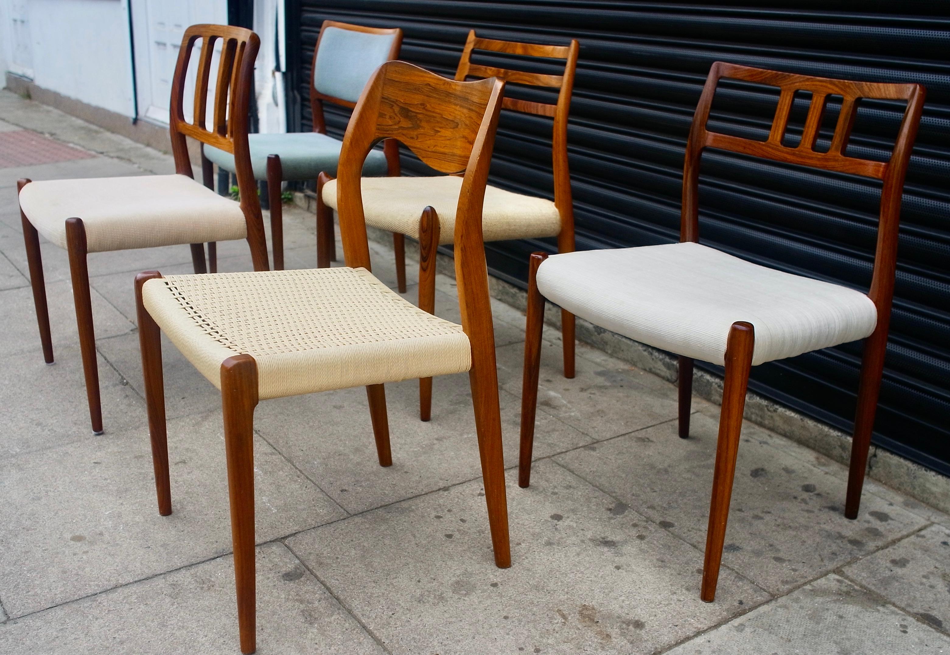 Mid-Century Modern Selection of Five Vintage Rosewood Danish Dining Chairs by Niels.O. Moller For Sale