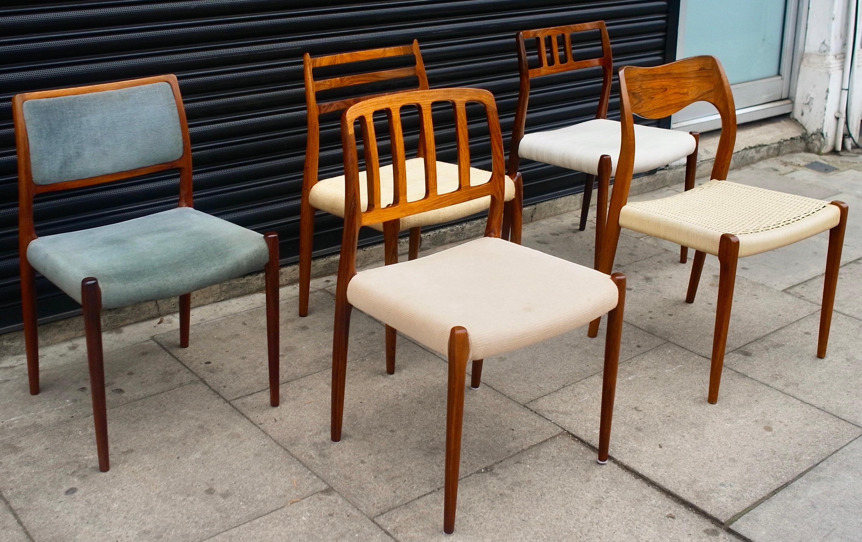 20th Century Selection of Five Vintage Rosewood Danish Dining Chairs by Niels.O. Moller For Sale